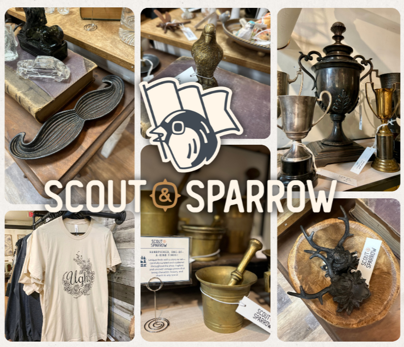 Collage of vintage and antique items from Scout & Sparrow, including a black mustache-shaped item, a bird figurine, a large decorative urn, a silver trophy, a T-shirt with a floral design, a brass mortar and pestle, and a black deer head sculpture.