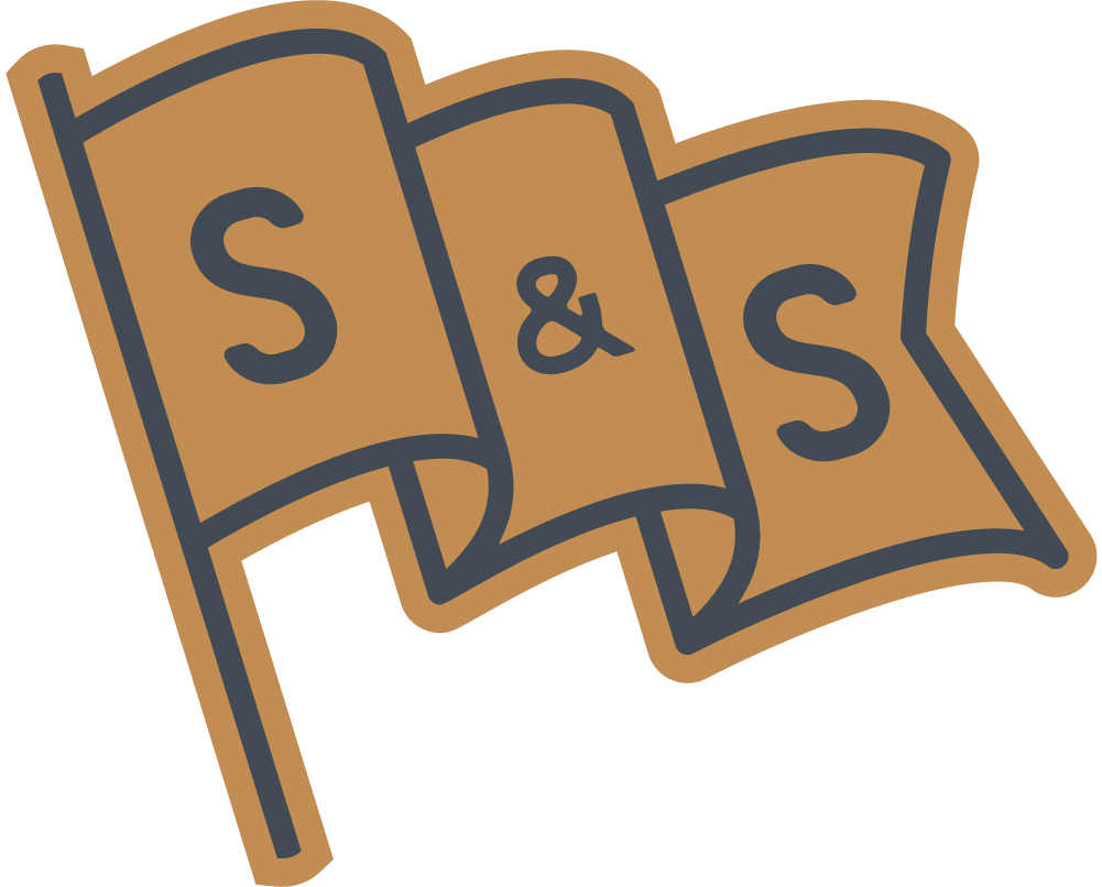 A cartoon-style flag with brown and dark gray outlines, displaying the letters 'S' and 'S' separated by an '&' symbol. Scout & Sparrow flag logo.