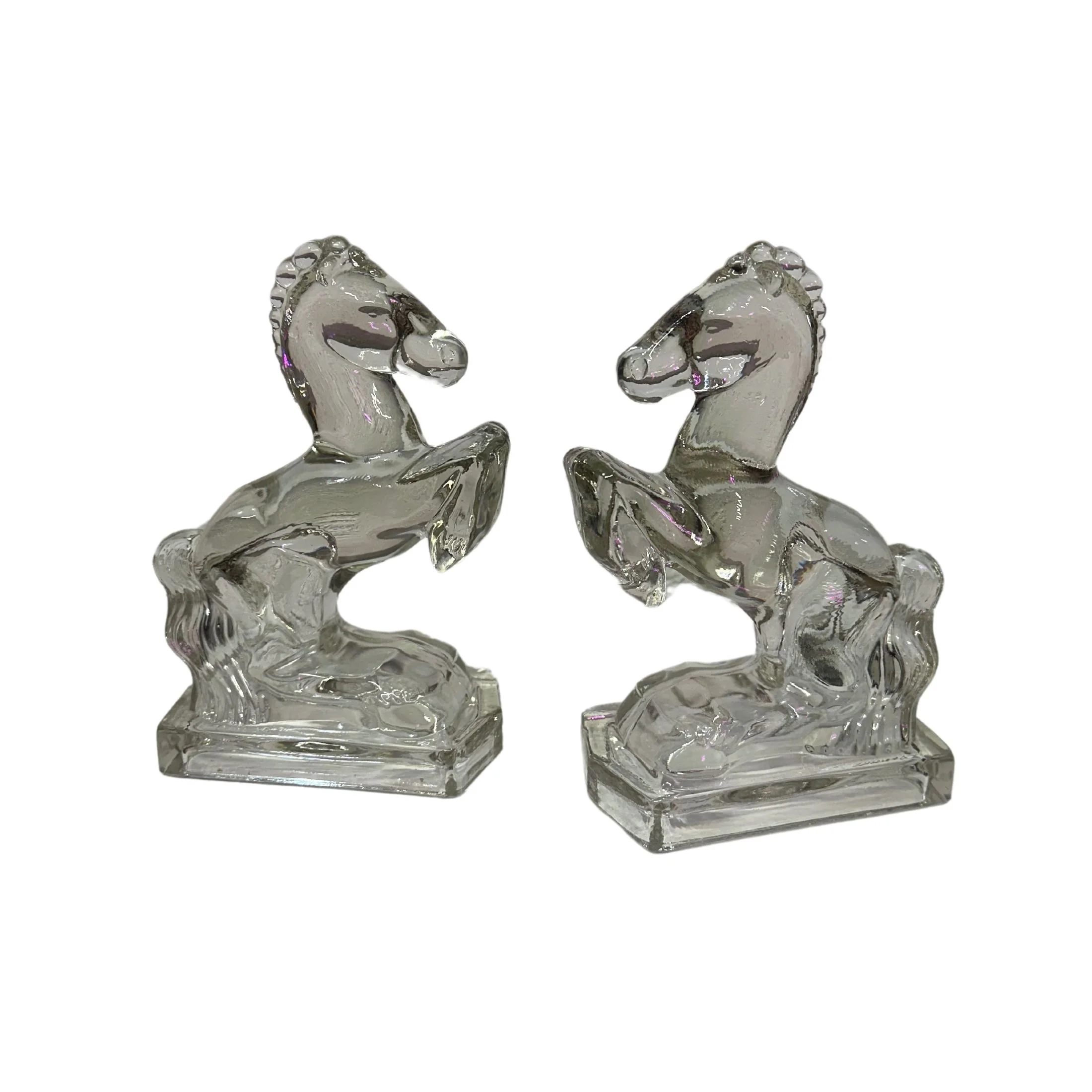 Pair of vintage 1940s clear glass horse bookends with rearing horse design and Art Deco styling.