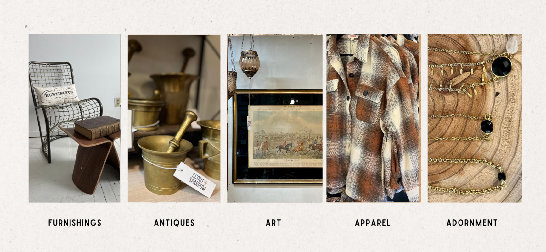 A collage of five categories of vintage and decorative items: a wire chair with a pillow and small table with a book, brass antique items, framed artwork with hanging lamps, plaid shirt in clothing section, layered black and gold necklaces on wood.