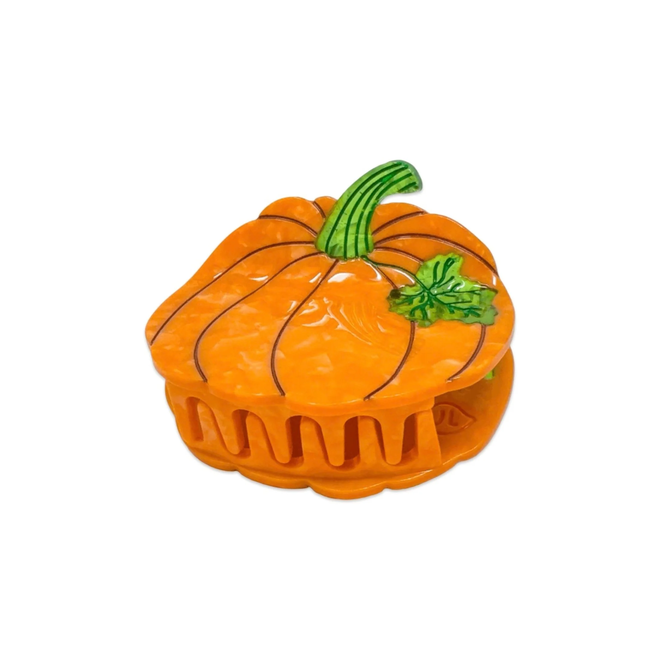 Side view of orange pumpkin hair claw clip by Jenny Lemons