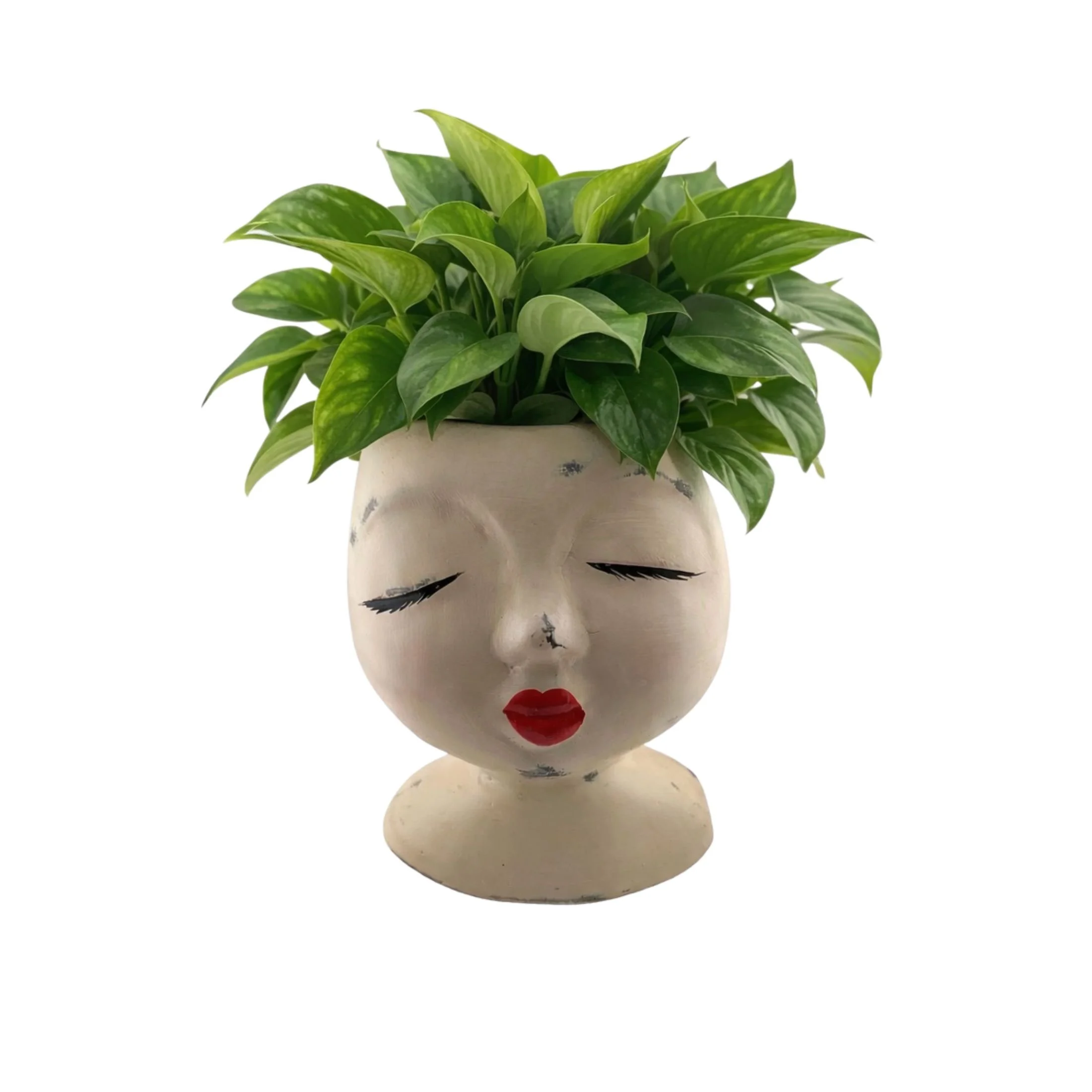 Painted terracotta face planter with red lips and plant, decorative indoor head planter