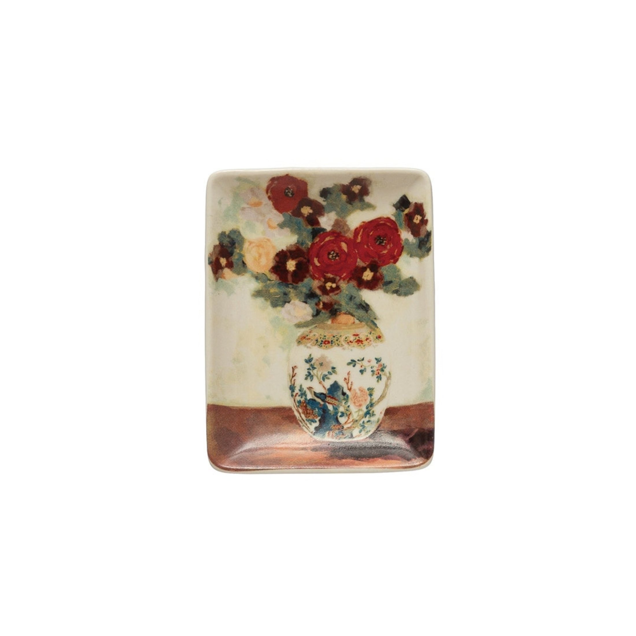 Stoneware trinket dish with red flowers in a decorative floral vase