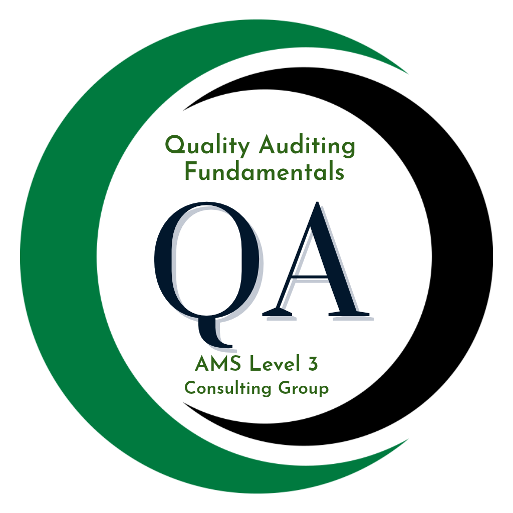 Cover page for a certification or training program titled 'Quality Auditing Fundamentals' with large letters 'Q A' in the center, surrounded by a green and black crescent design, mentioning 'AMS Level 3 Consulting Group' at the bottom.