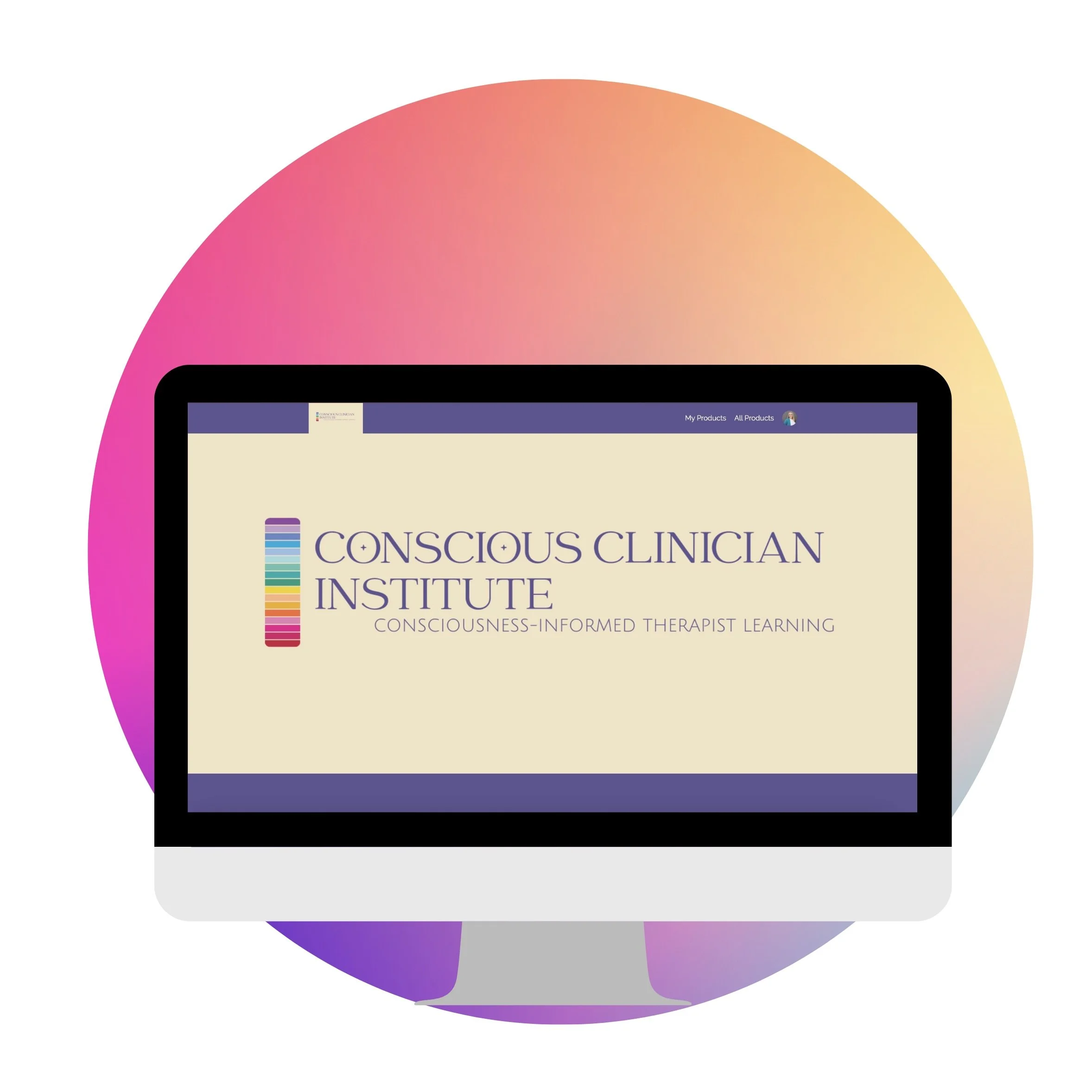 Computer screen displaying the Conscious Clinician Institute website with logo and text.