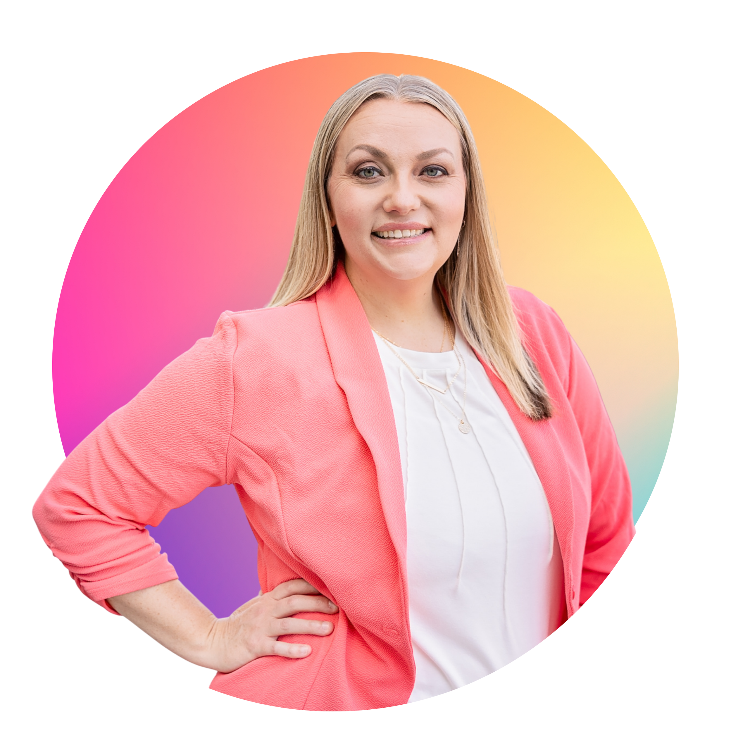 A woman with blonde hair wearing a pink blazer and white top, smiling confidently with her hand on her hip, standing in front of a colorful gradient background.
