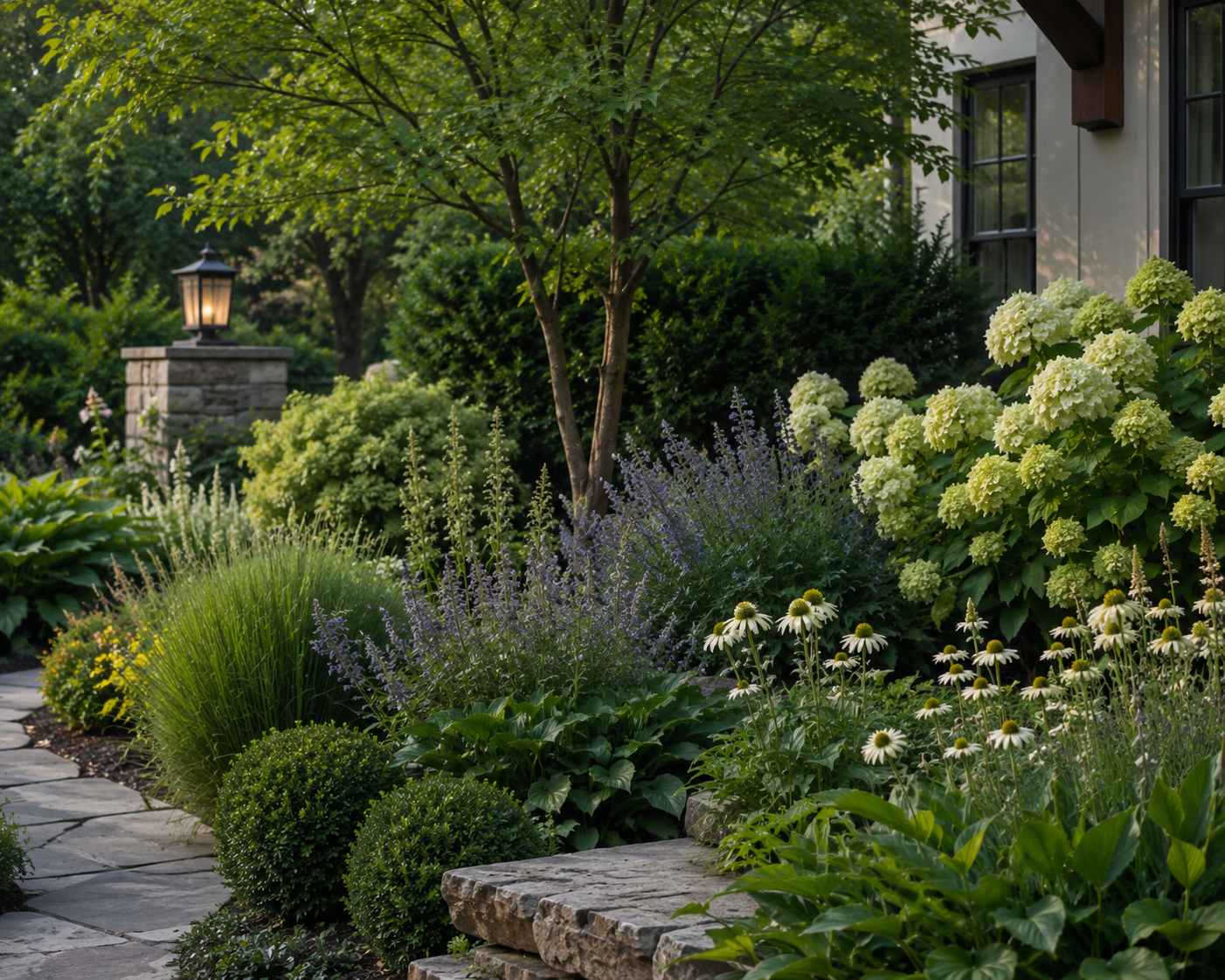 Garden & Planting Design | Layered planting, specimen trees, privacy screening, seasonal interest, and containers designed to soften and elevate the home.