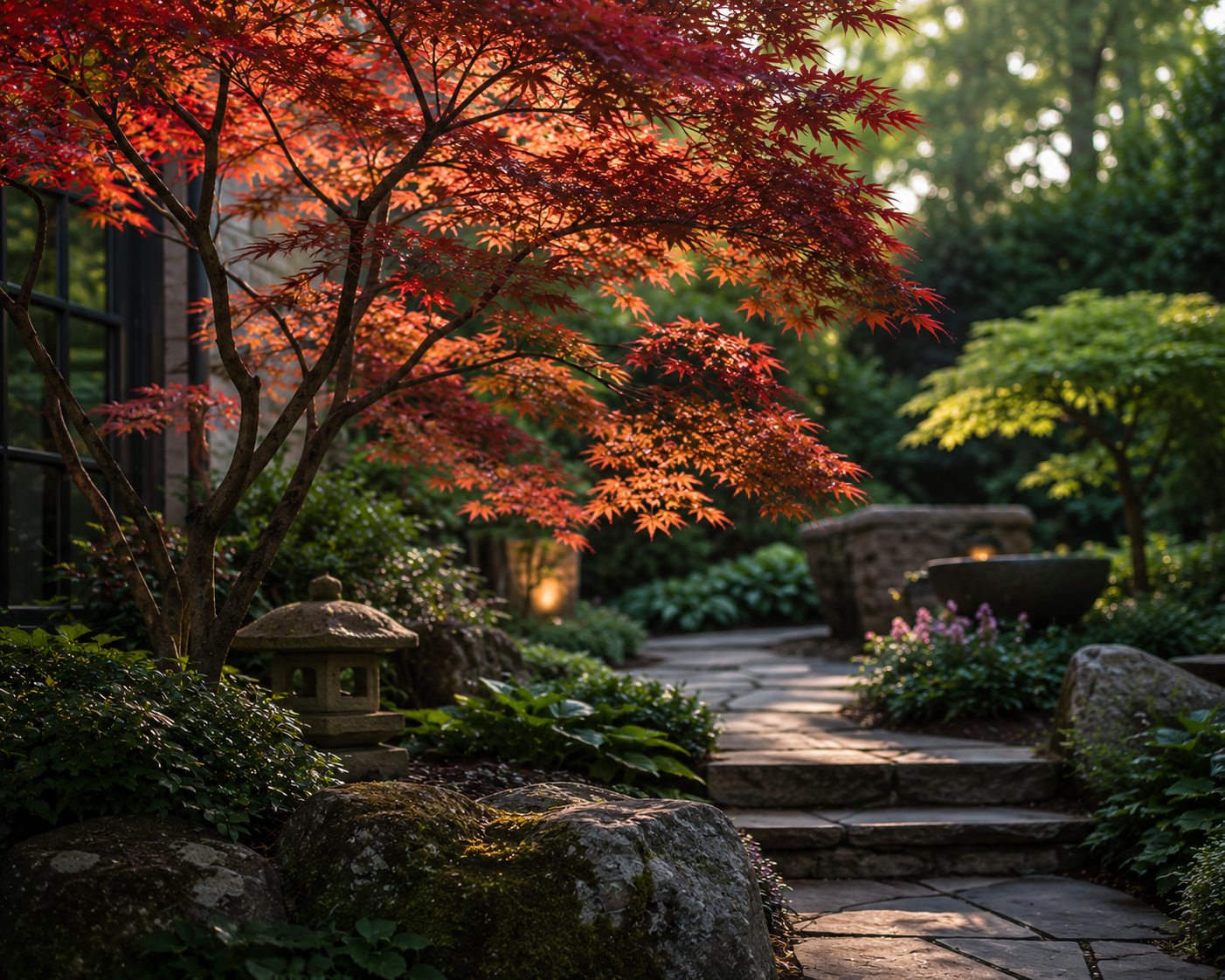 A serene garden scene with a red Japanese maple tree, stone pathway, rocks, and lanterns, illuminated by soft sunlight.
