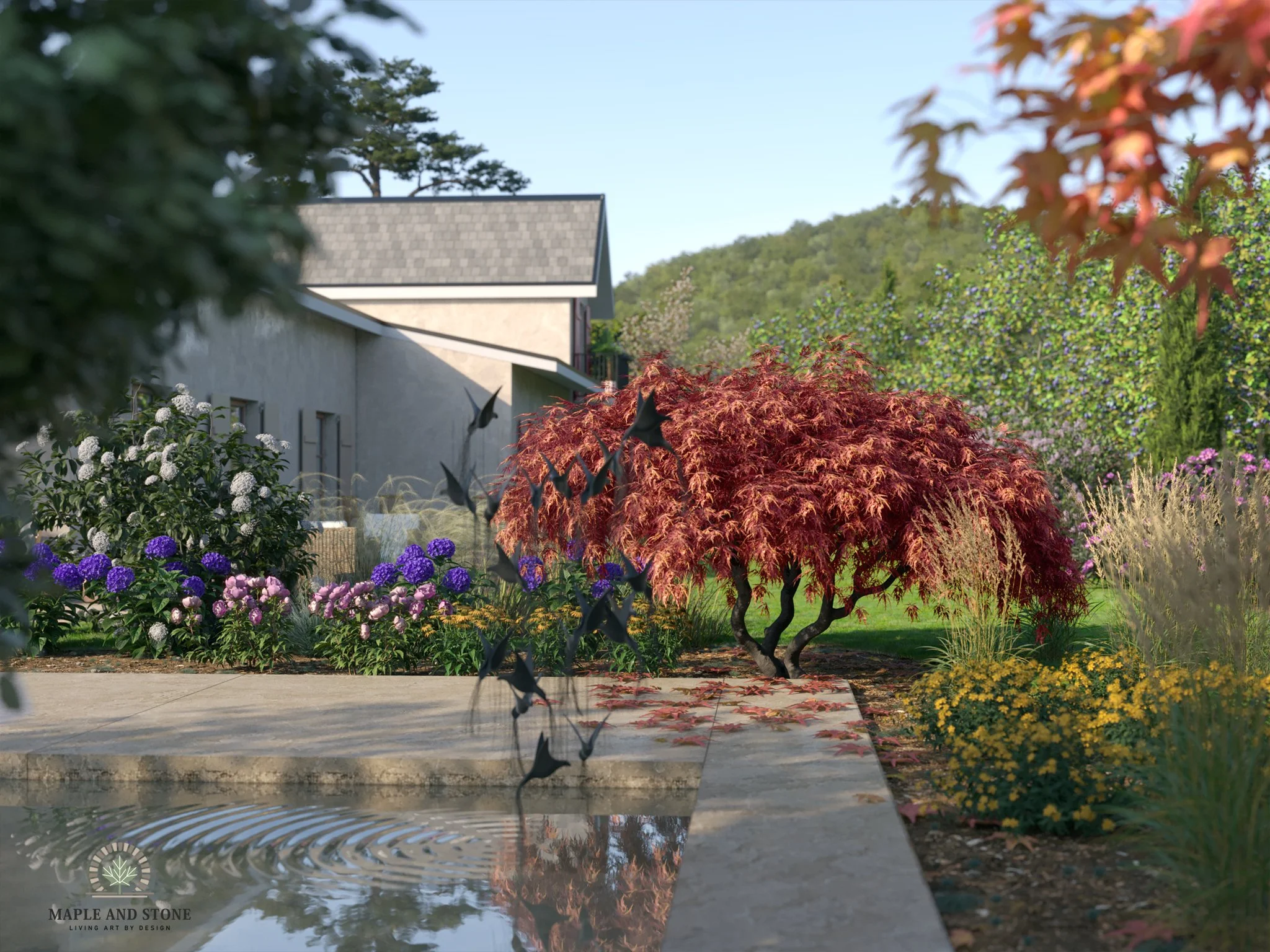 A landscaped garden with a house partially visible behind vibrant trees and bushes, a small pond reflecting the surroundings, and a stone path leading through the garden.