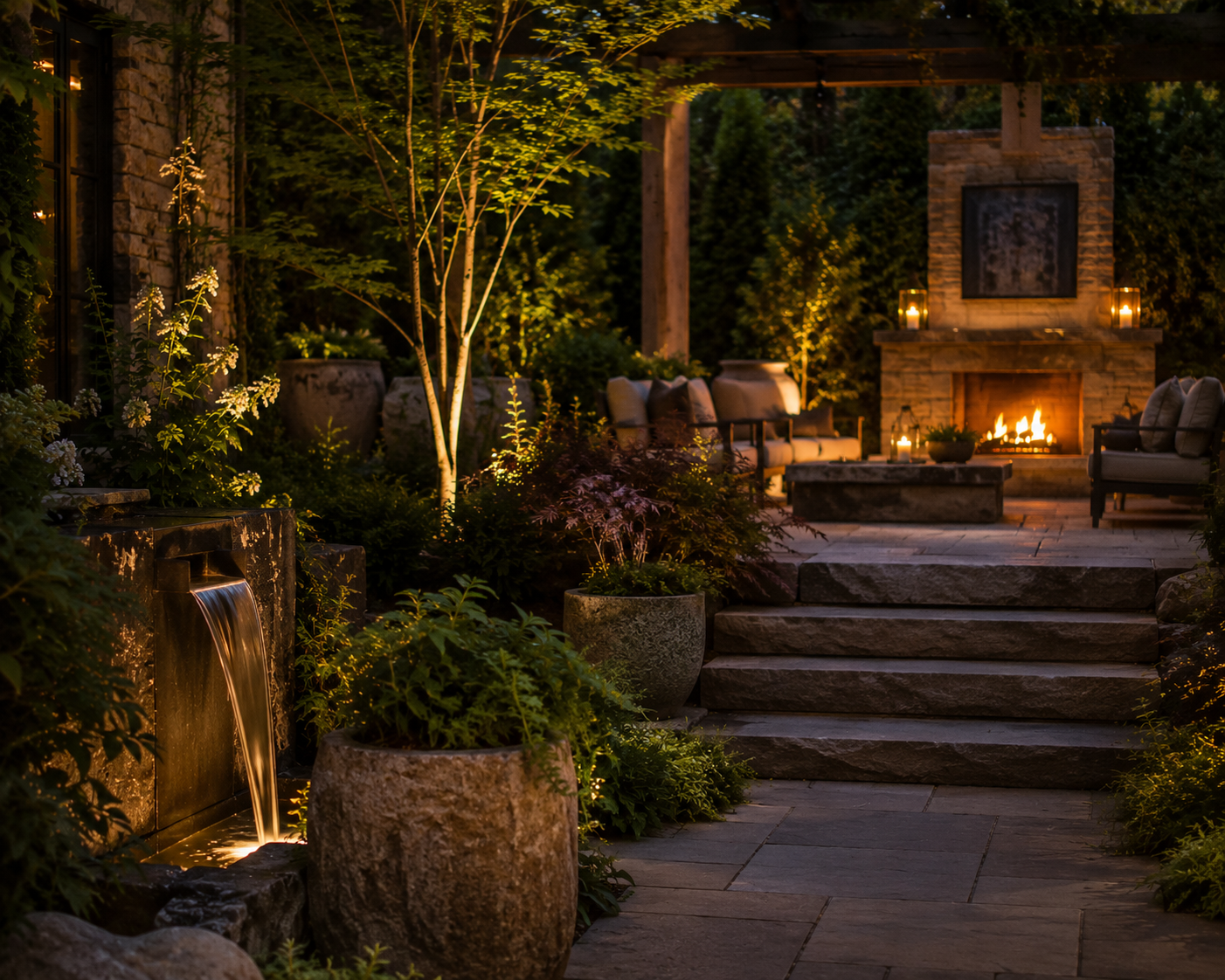 A cozy outdoor patio area illuminated by candles and a fireplace with comfortable seating, lush greenery and steps leading up to the fireplace with a dark night sky background.