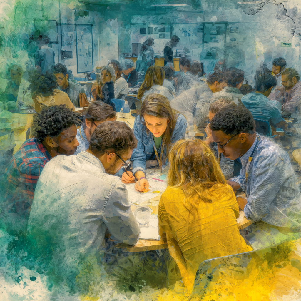 A large group of diverse teachers gathered around tables in a bright at a training on AI, modern classroom or workshop setting, engaging in collaborative activities.