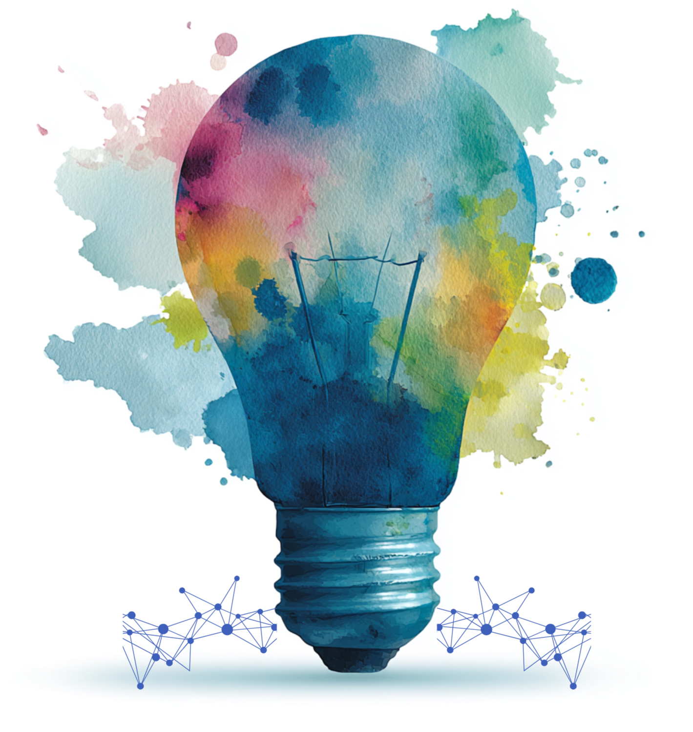 Watercolor illustration of a lightbulb with colorful splashes around it signifying creative ideas for AI adoption in schools.