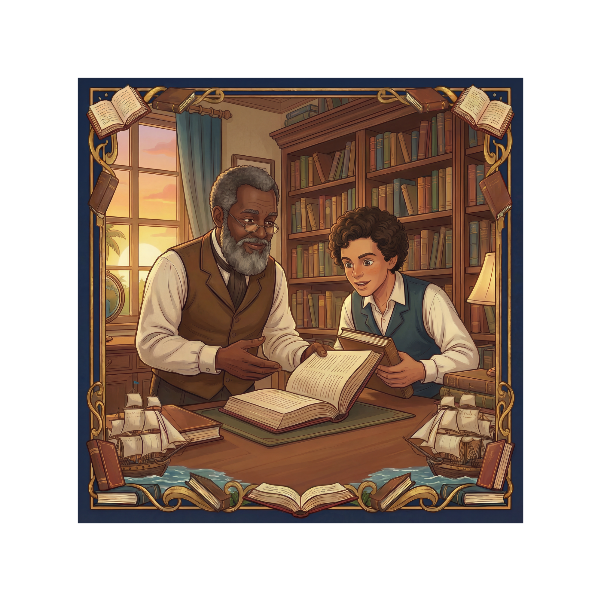 Illustration of a young Joseph Jenkins Roberts learning from an elder mentor, highlighting education, curiosity, and the importance of lifelong learning.