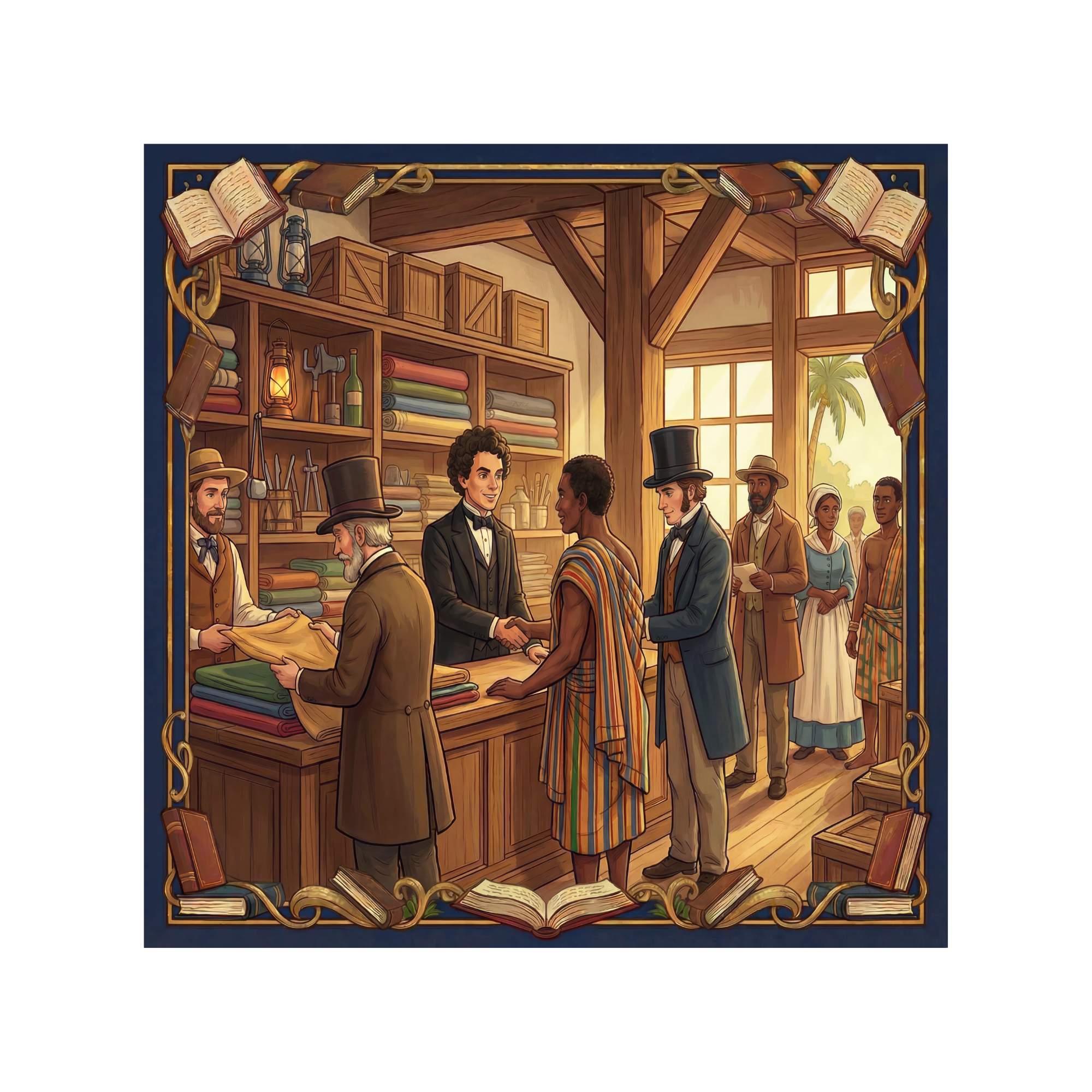 Illustration of Joseph Jenkins Roberts conducting business in a trading store, demonstrating entrepreneurship, leadership, and global commerce in nineteenth-century Liberia.