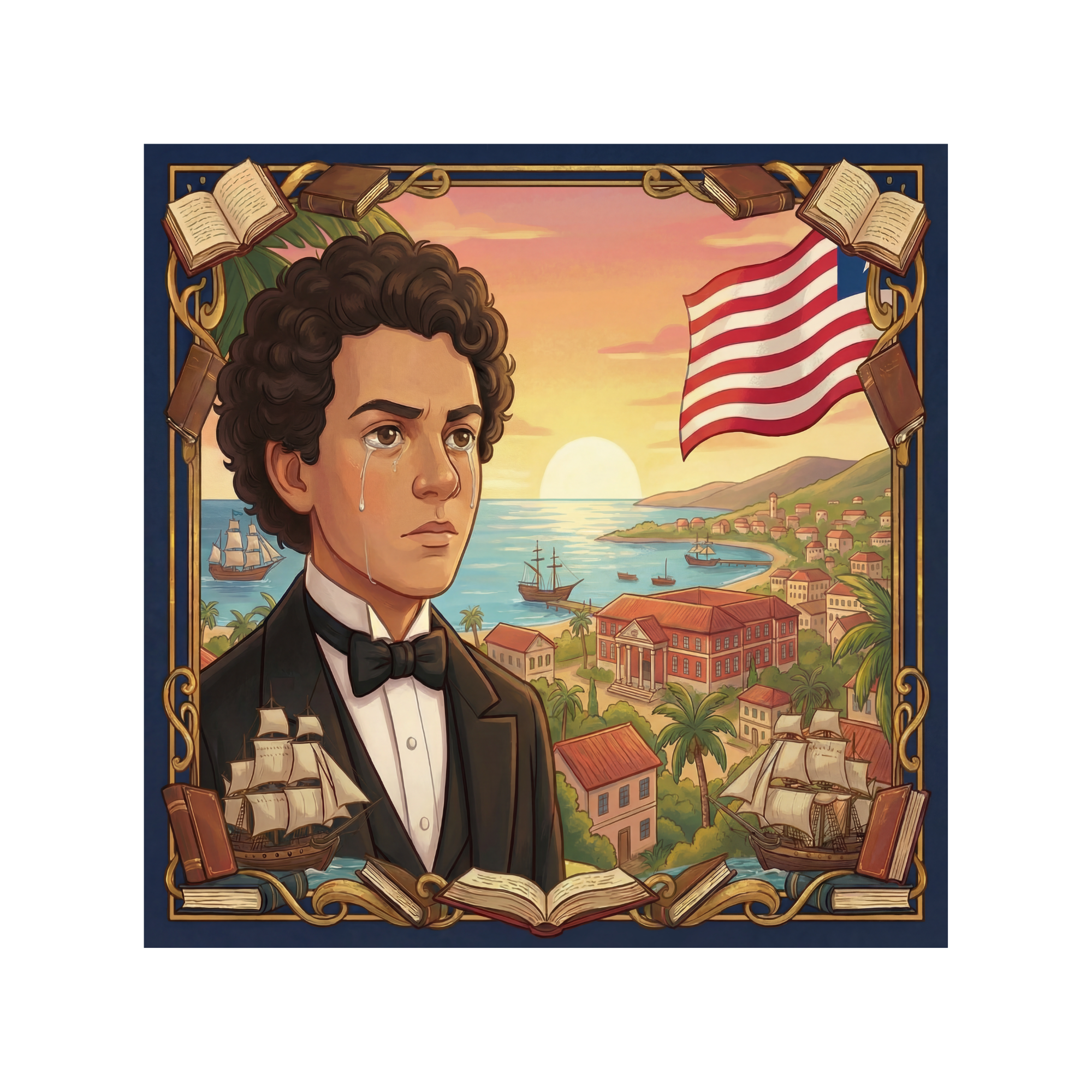 Illustration of Joseph Jenkins Roberts standing before the Liberian flag and harbor, symbolizing his journey from Virginia-born youth to the first President of Liberia.