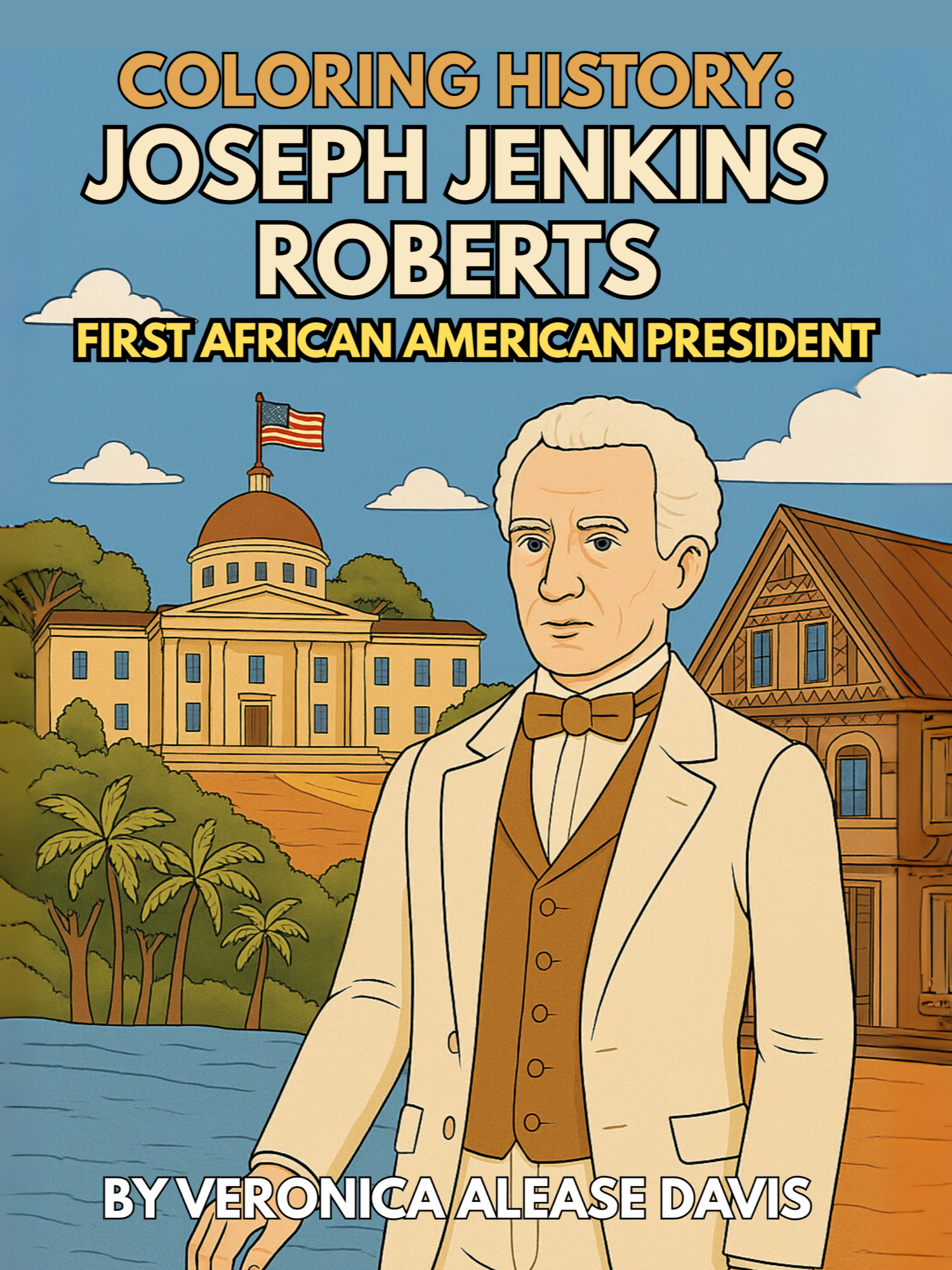Cover of a coloring book titled 'Coloring History: Joseph Jenkins Roberts First African American President' by Veronica Alease Davis