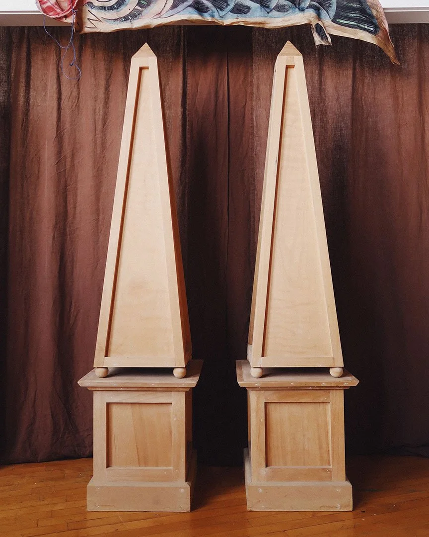Extra Large Wooden Obelisks On Plinth Bases, Pair