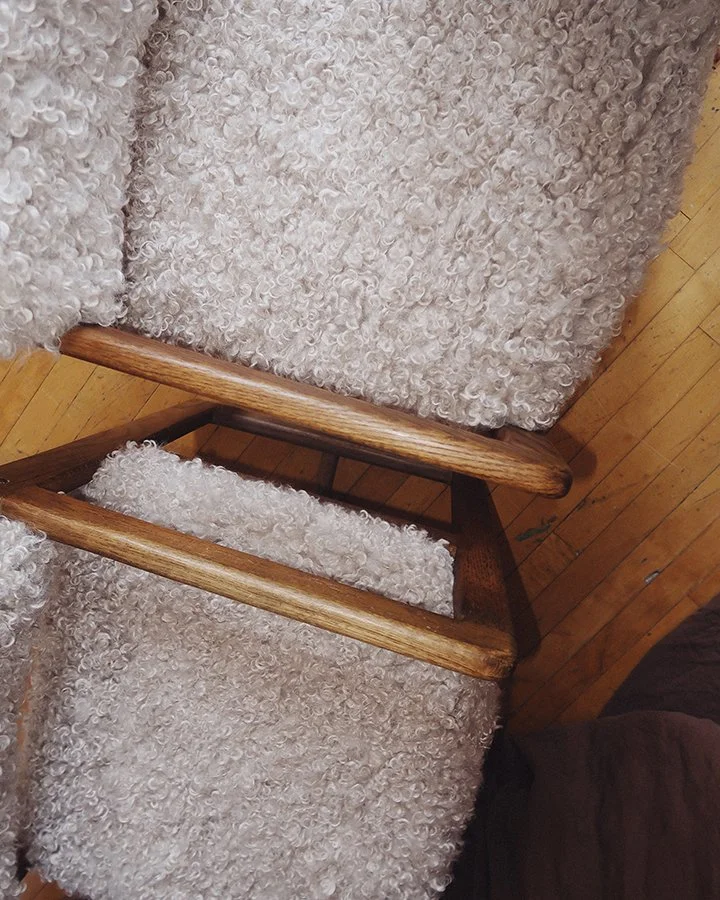 Pair of Mid-Century Oak Armchairs in Cream Faux Shearling 11.jpg