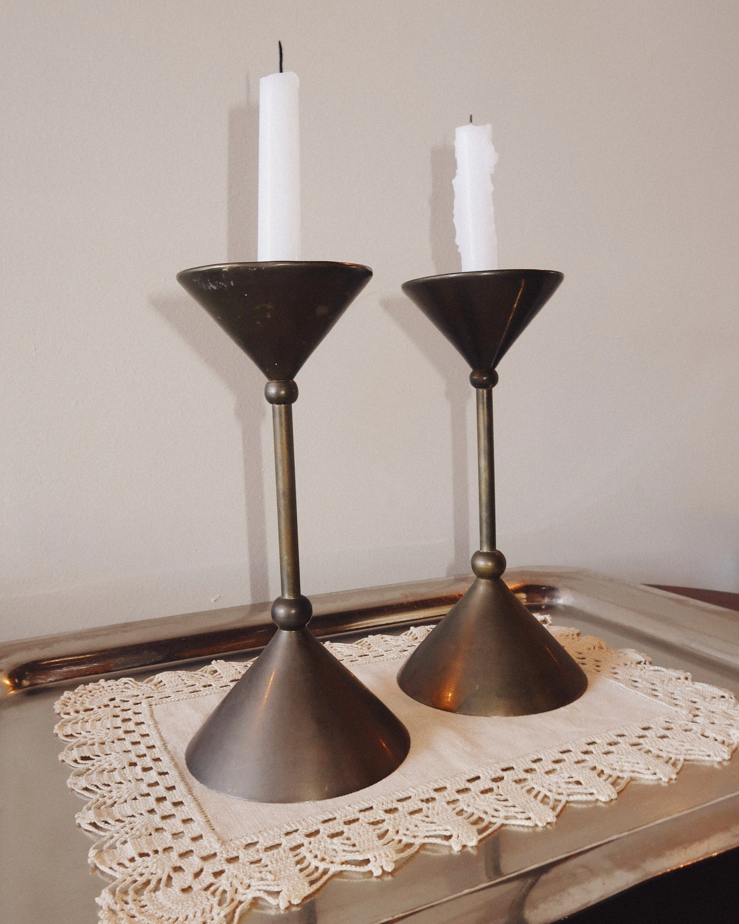 French Memphis Bronze Candlesticks Pair