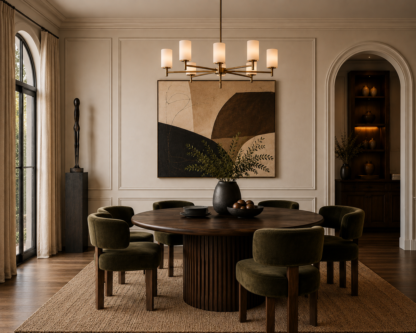 A modern dining room with a round wooden table, six green velvet chairs, a black vase with greenery, and a large abstract painting on the wall. There is a chandelier above the table, a large window with curtains on the left, and a built-in shelf with decorative vases on the right.