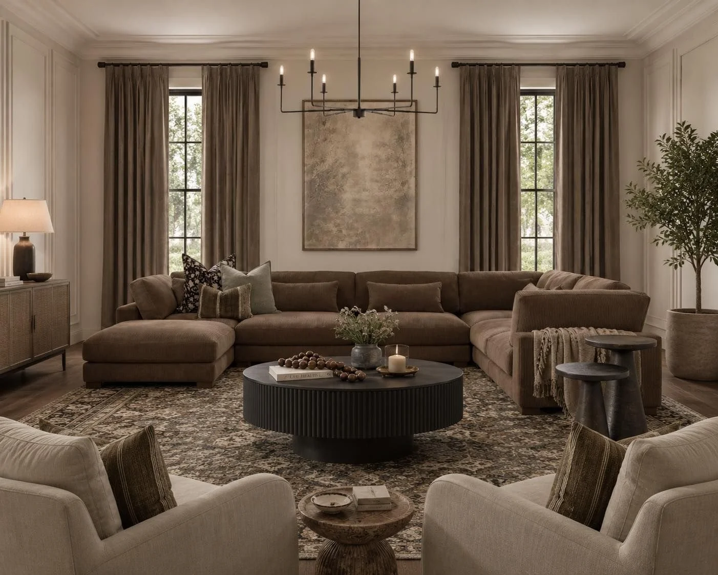 A three-room interior design project exploring warmth, contrast, and timeless residential elegance. The Living Room is relaxed and layered, the Dining Room introduces sophisticated olive and wood tones, while the Primary Bedroom embraces a darker, mo