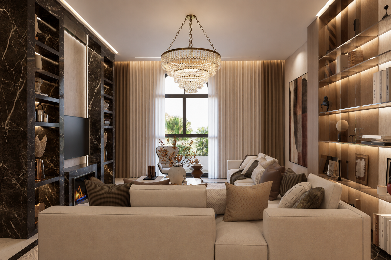 Luxurious living room with a chandelier, large window with curtains, beige sofas with decorative pillows, a coffee table with vases and decor, and built-in shelves with books and ornaments.