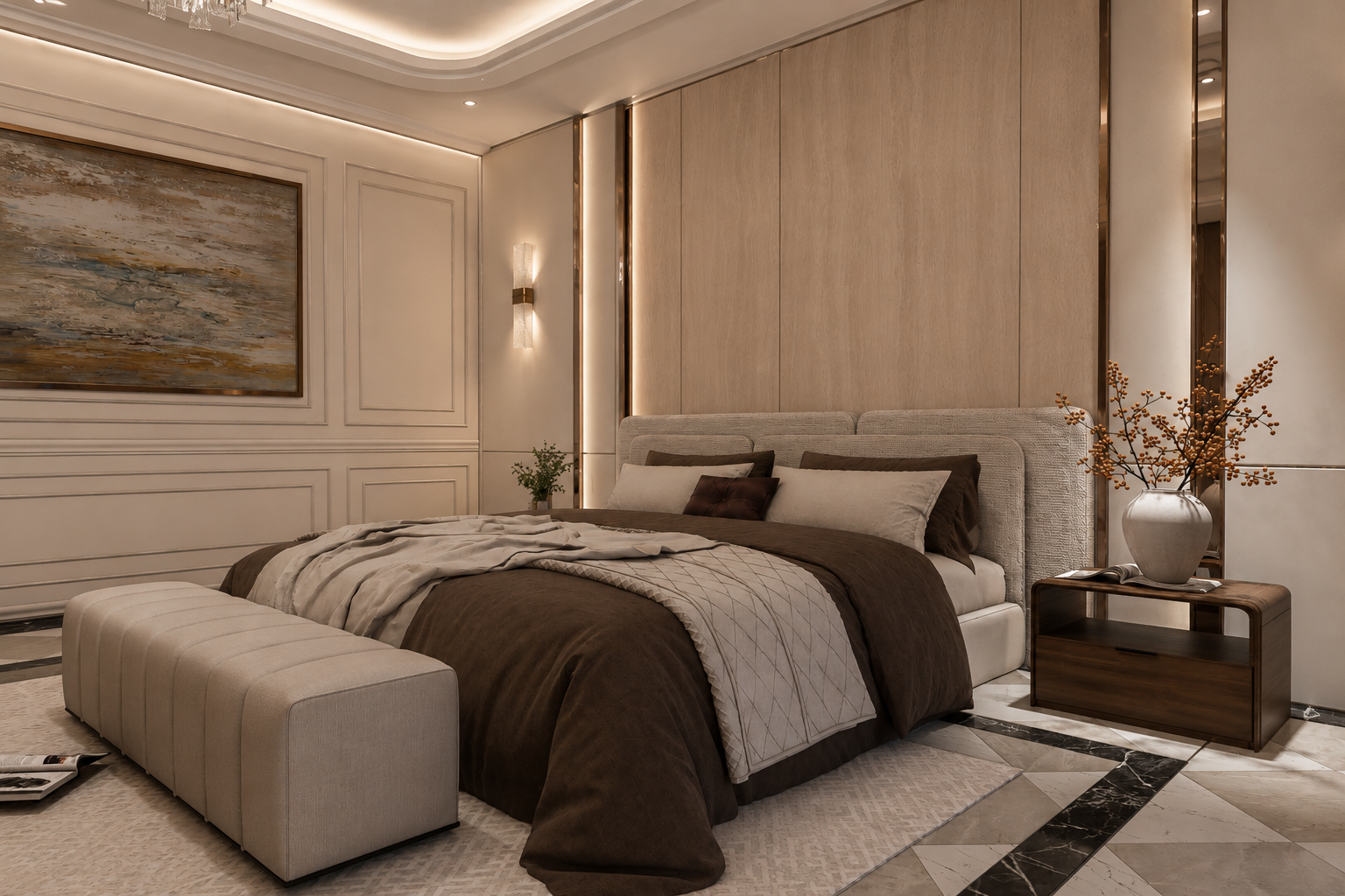 Luxurious bedroom with a large bed featuring beige and brown bedding, a padded headboard, a beige ottoman at the foot of the bed, beige and brown throw pillows, a side table with a vase of orange berries, an abstract painting on the wall, and wall sc