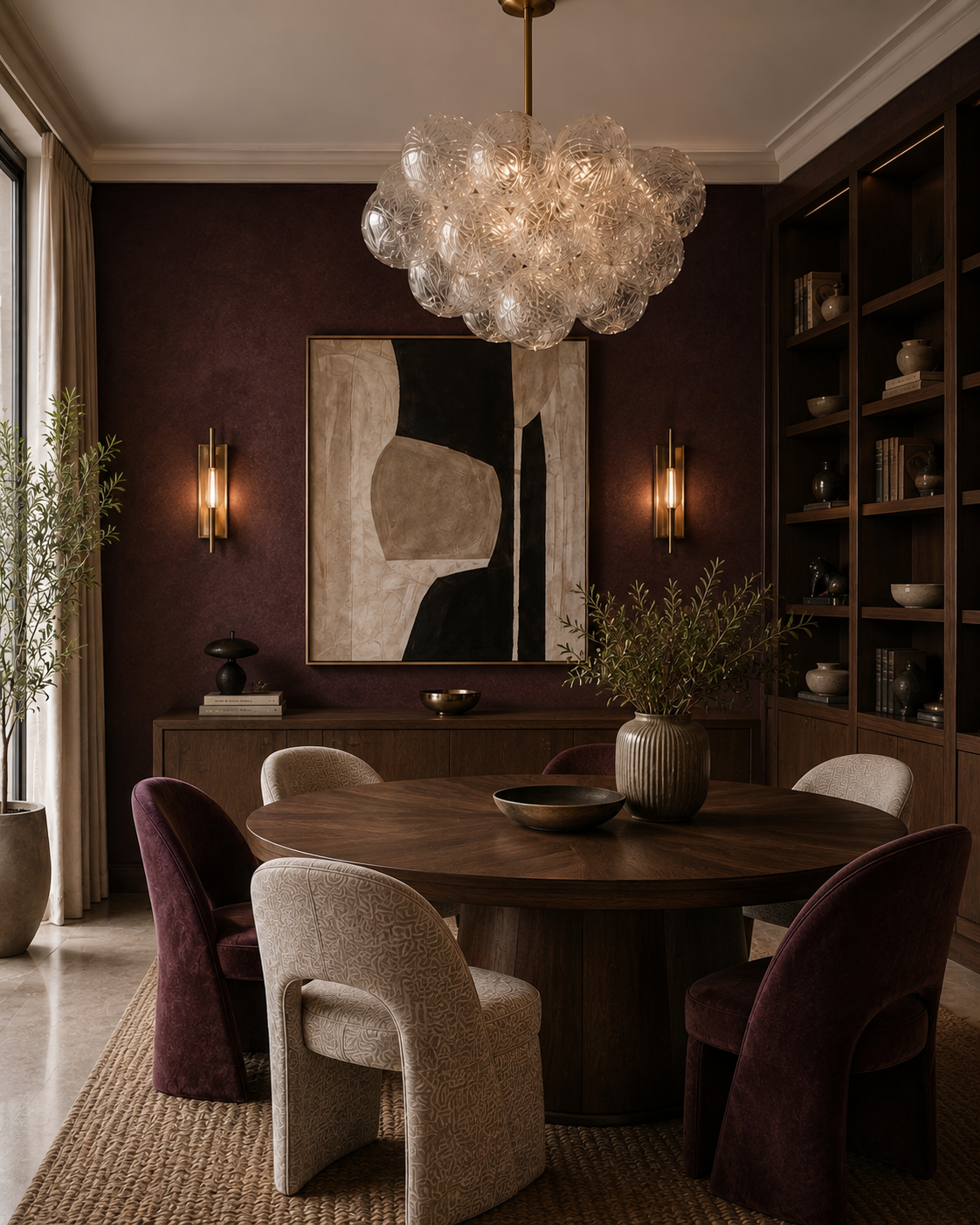 A sophisticated luxury dining room designed with a warm moody color palette 