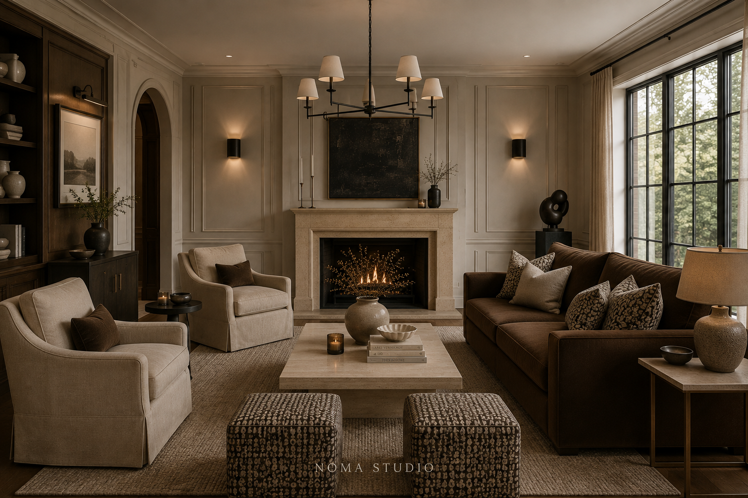 Elegant living room with beige and brown furniture, a fireplace, large windows, and minimal decor.