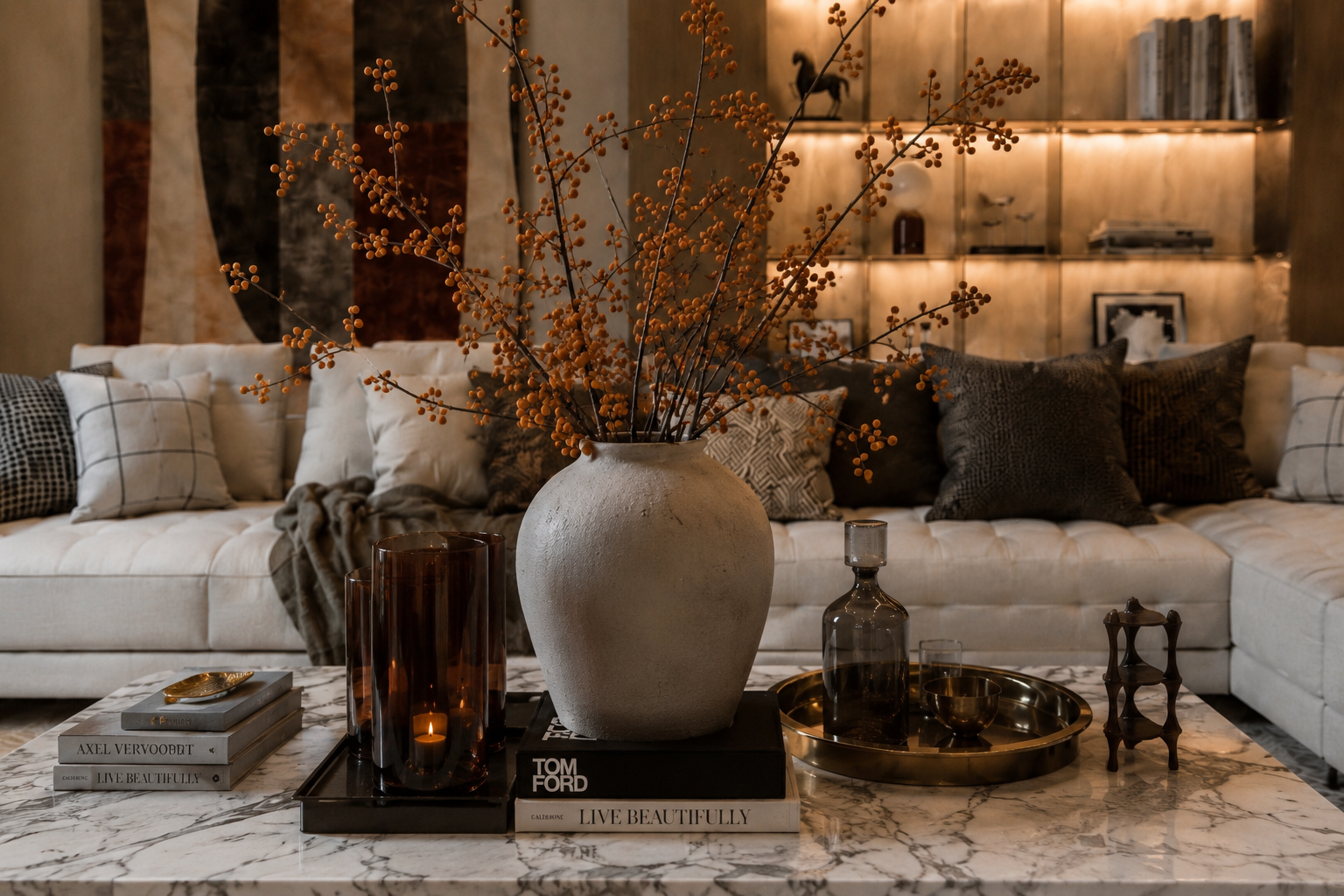 Living room with a white sectional sofa, animal print and patterned pillows, a marble coffee table with books, a tall vase with orange berries, candles, and decorative objects, with warm lighting and a patterned wall.