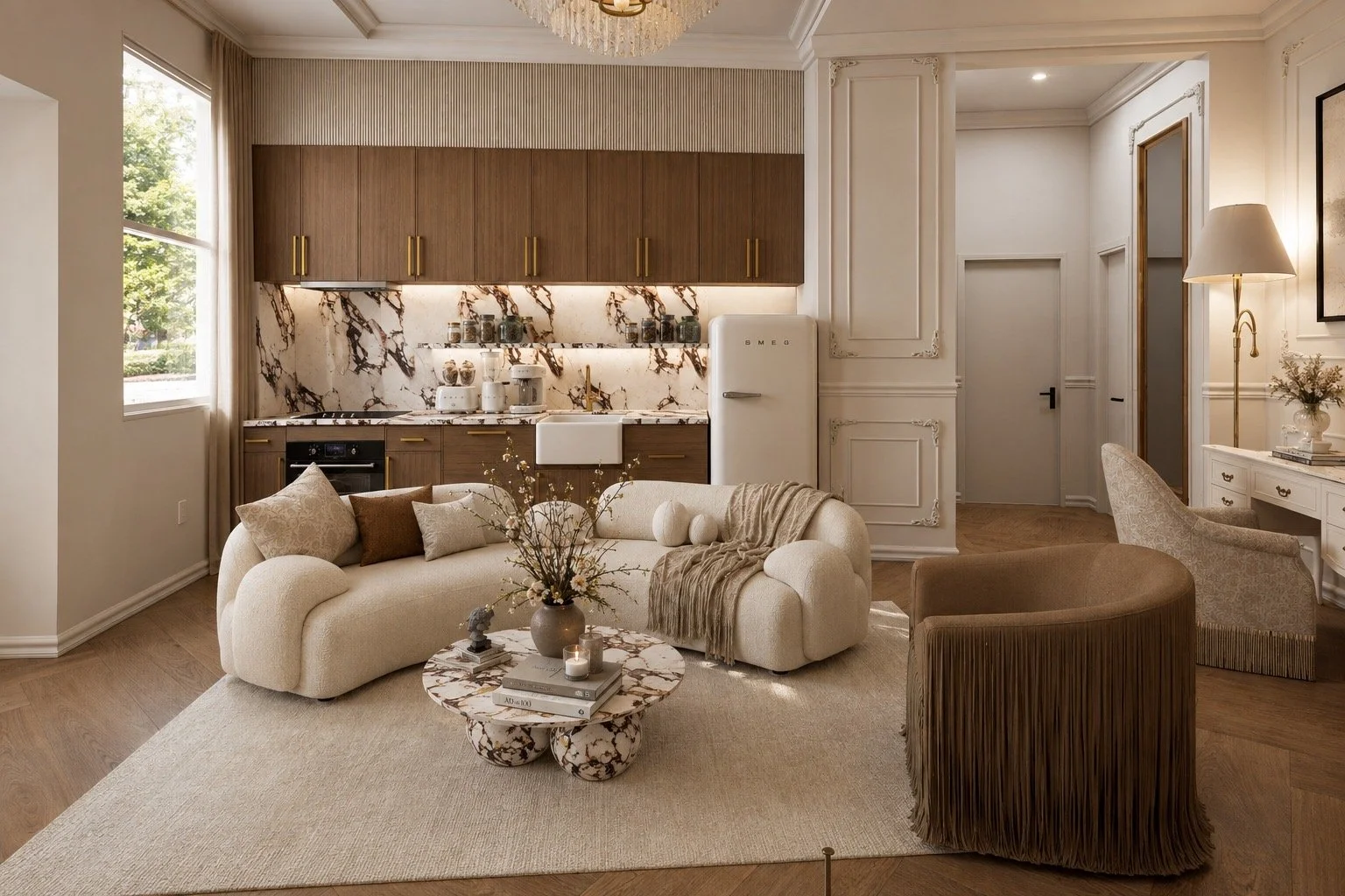 Open-concept living room and kitchen with beige sofa, marble coffee table, and wooden cabinets with marble backsplash, large window showing trees outside, and decorative elements like pillows, flowers, candles, and a vintage refrigerator.