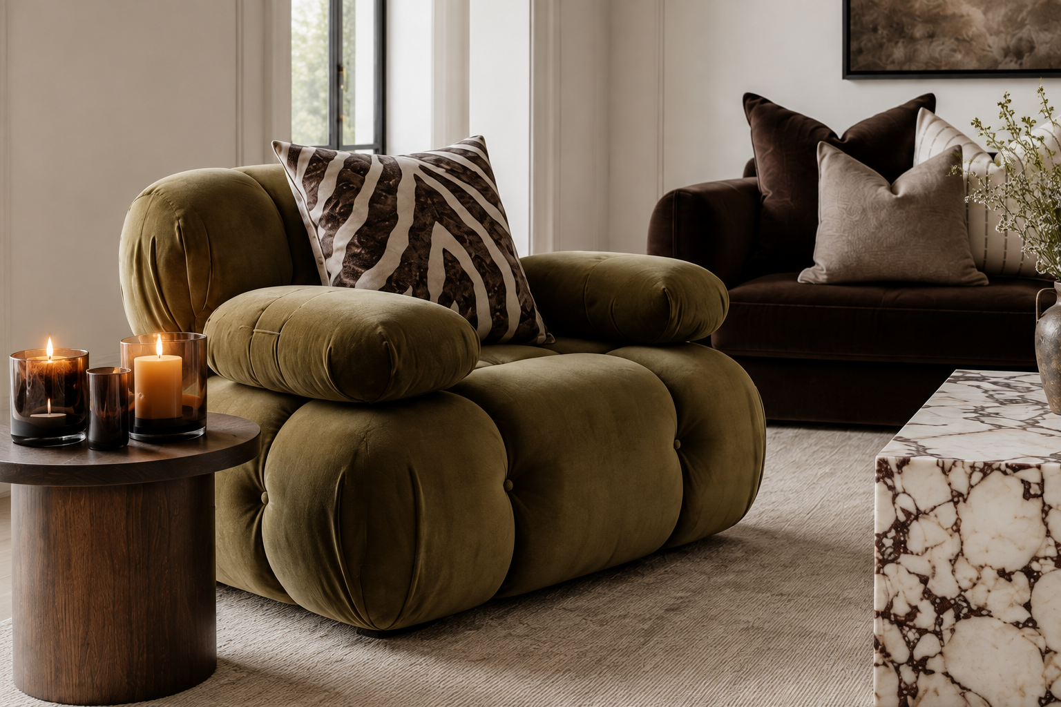 Living room with a green velvet armchair, a brown sofa with pillows, a marble-topped side table, and candles.