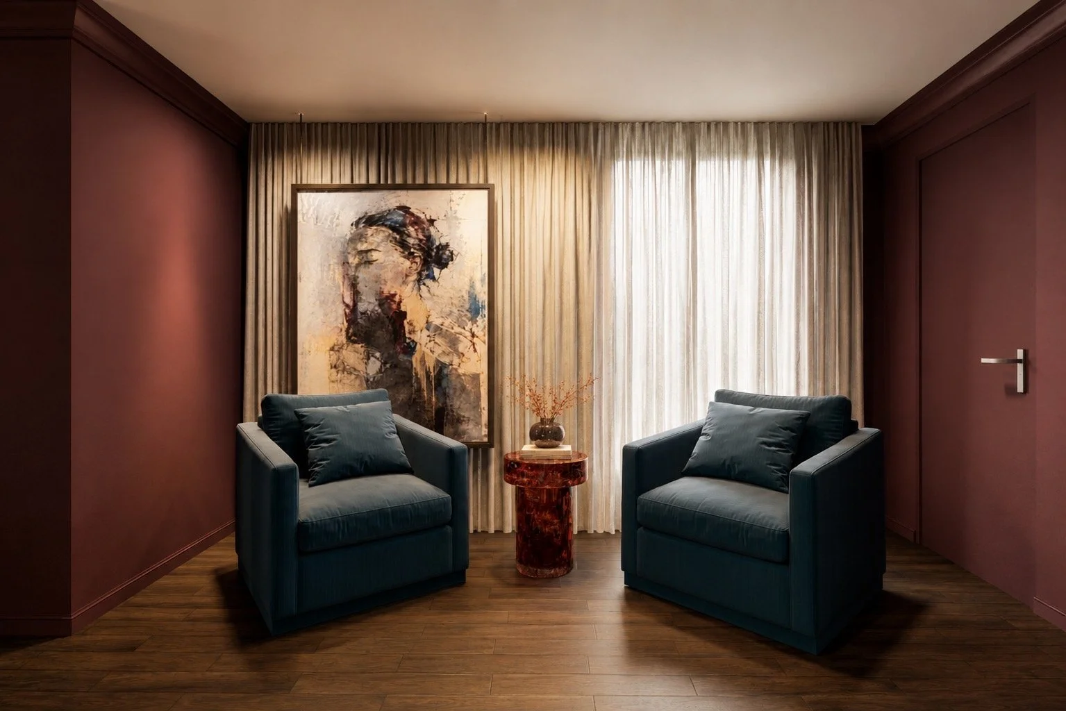 A cozy sitting area with two dark teal armchairs, a small round marble side table with a vase and branches, a large abstract portrait painting, floor-to-ceiling beige curtains, and hardwood flooring.