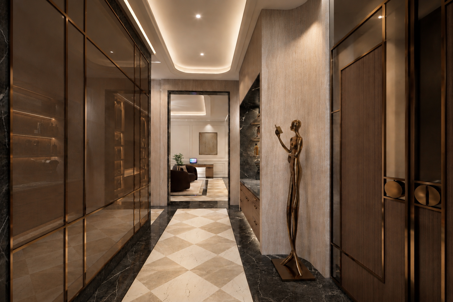 Elegant hallway with cream and black marble flooring, wood-paneled walls with golden accents, and a tall abstract bronze sculpture on the right side, leading to a cozy sitting area with chairs and a small table.
