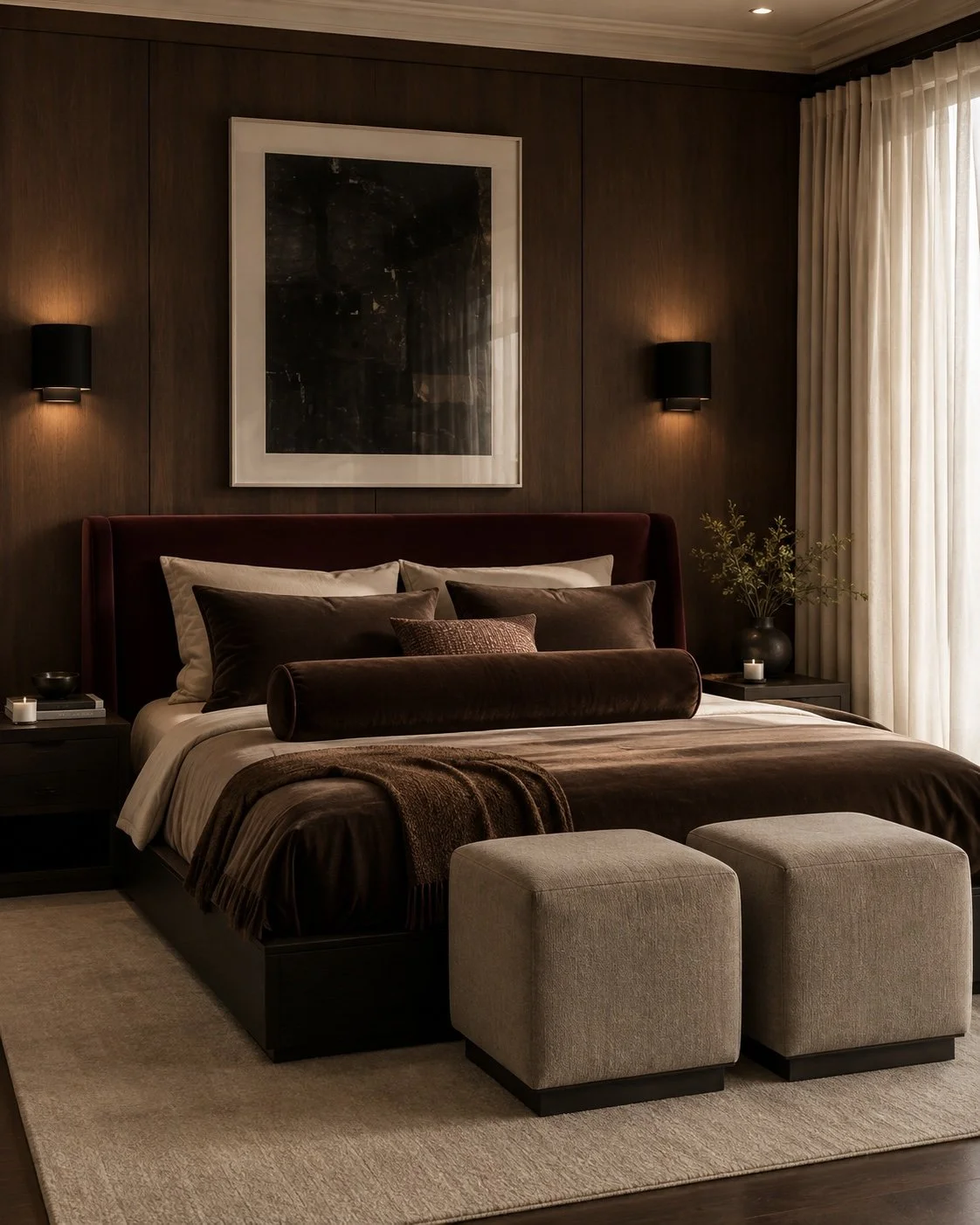 Elegant bedroom with a large bed, dark wood paneled walls, wall sconces, artwork, beige curtains, and two ottomans at the foot of the bed.