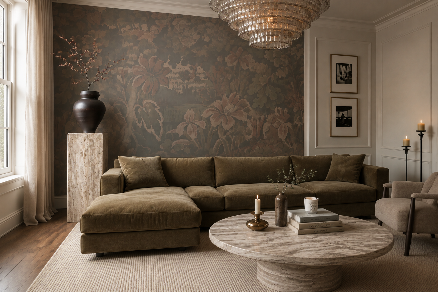 Living room with a large olive-green sectional sofa, a round marble coffee table with candles and books, a beige armchair, a dark vase on a pedestal, candles in black holders, black and white framed photos on the wall, and a large chandelier hanging 