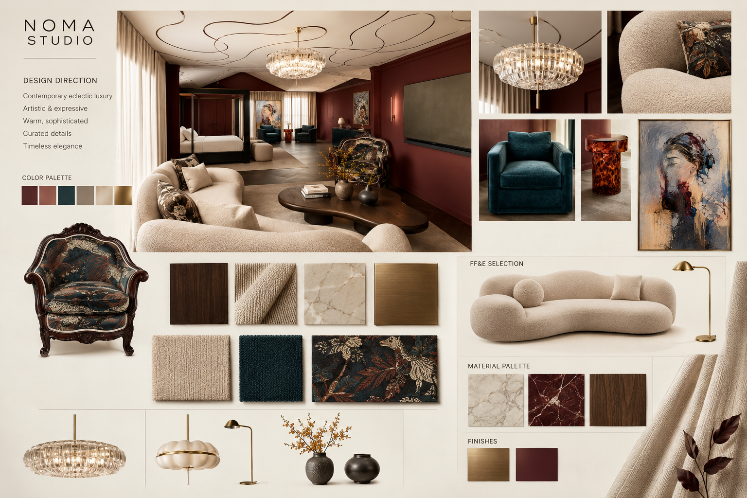 Interior design concept with a warm, sophisticated living room featuring beige, maroon, and deep teal colors, elegant furniture, artwork, and artful lighting elements.