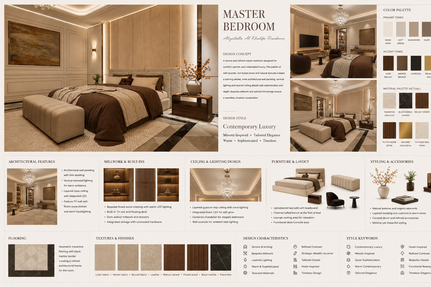Design plan for a master bedroom featuring a beige bed with brown bedding, two matching bedside tables, and a beige bench at the foot of the bed. The room has warm lighting, a chandelier, and wall paneling. A living room setup with a sofa, armchairs, and a TV is also shown. Material and color palettes, architectural features, lighting, furniture, styling accessories, flooring, textures, and design characteristics are detailed in the plan.