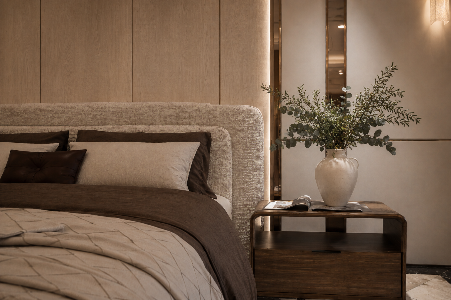 A bedroom with a bed, pillows, a nightstand with a large vase of greenery, and a mirror on the wall.