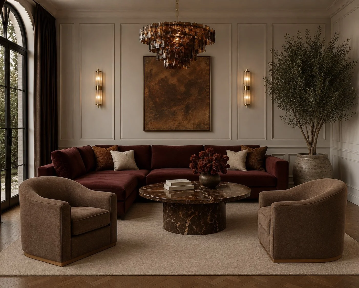Living room with a red sectional sofa, two beige armchairs, a round marble coffee table, large artwork on the wall, tall potted plant in the corner, and a chandelier.