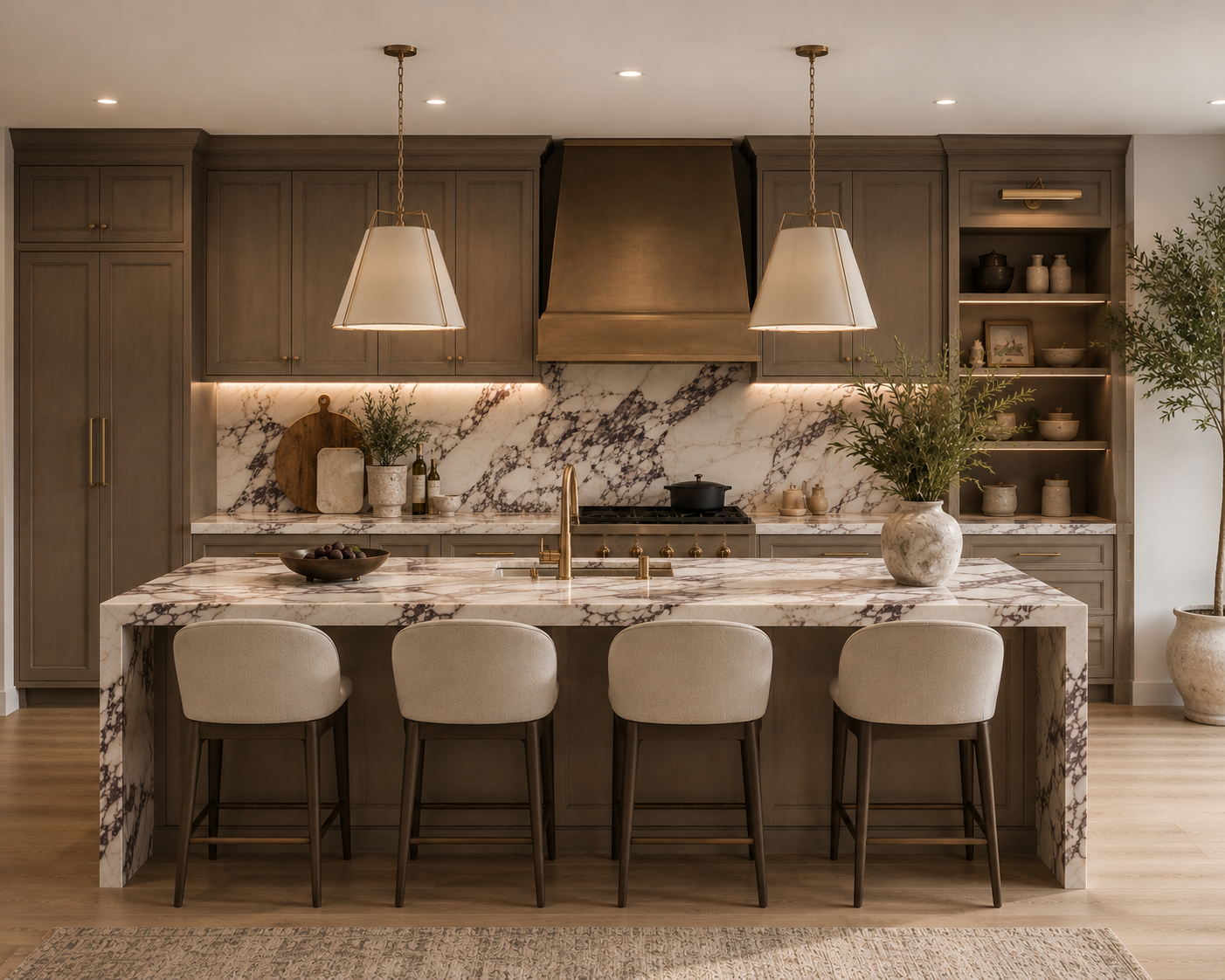 Modern kitchen with dark wood cabinets, a marble island, pendant lights, and decor including a vase with greenery.