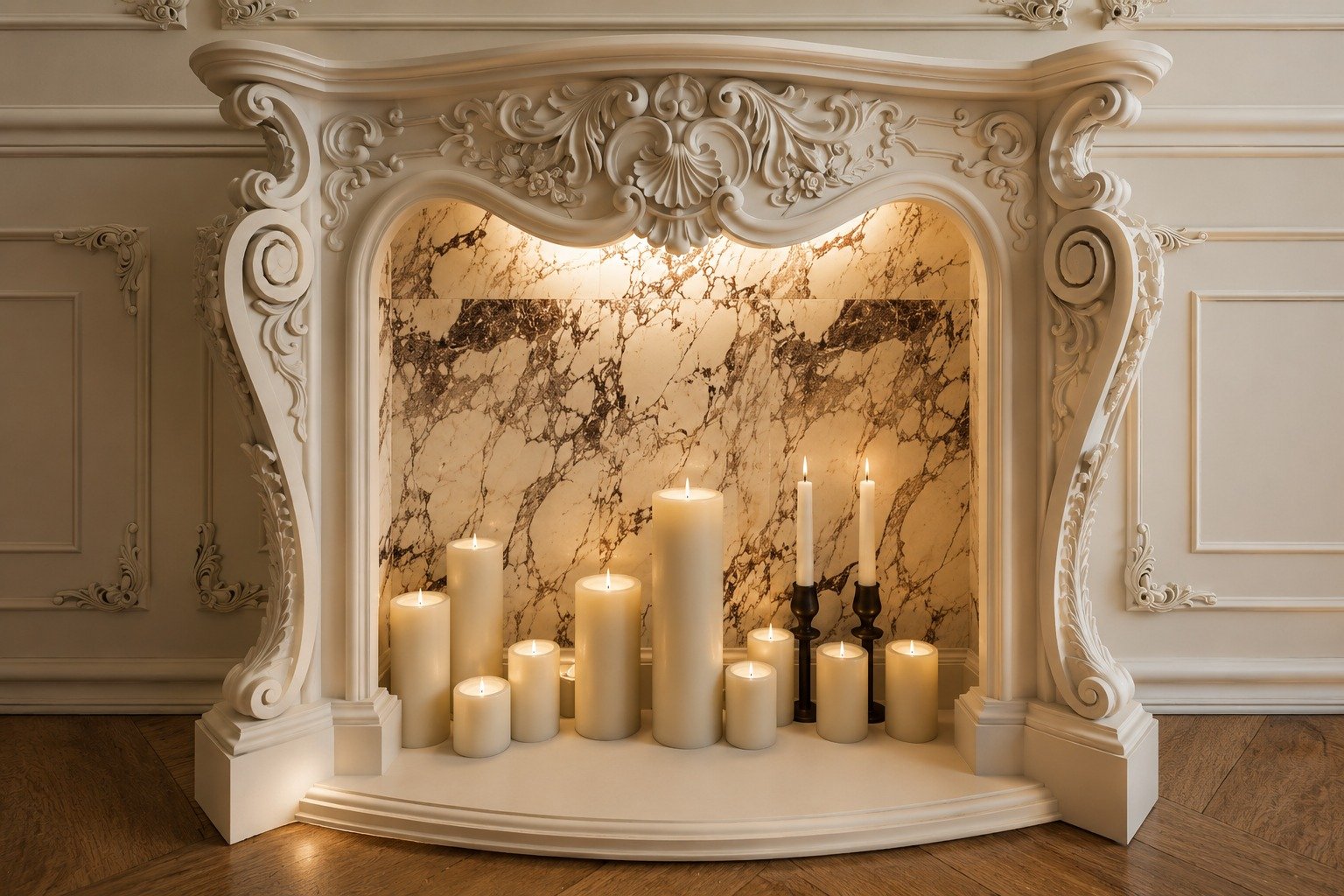 Elegant fireplace with ornate white carvings, a marble backsplash, and various white candles of different heights and sizes lit inside.
