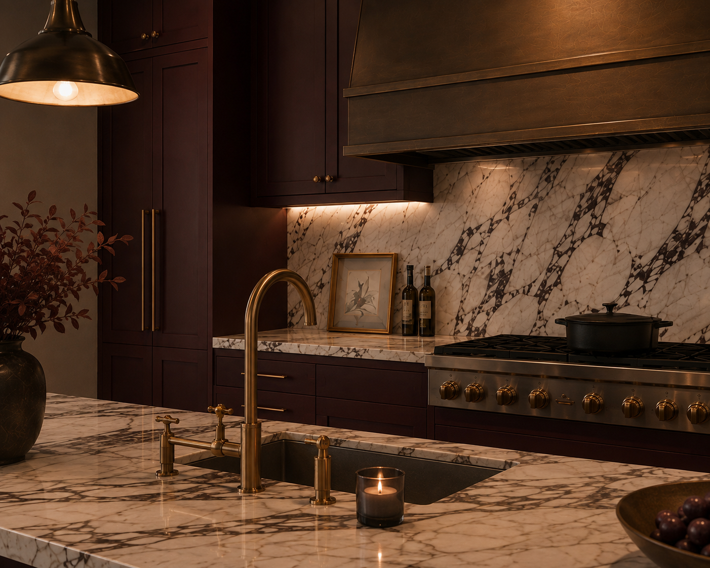 A luxurious kitchen with dark wood cabinets, a gold faucet, marble countertops and backsplash, a black pot on a gas stove, and a candle on the counter.
