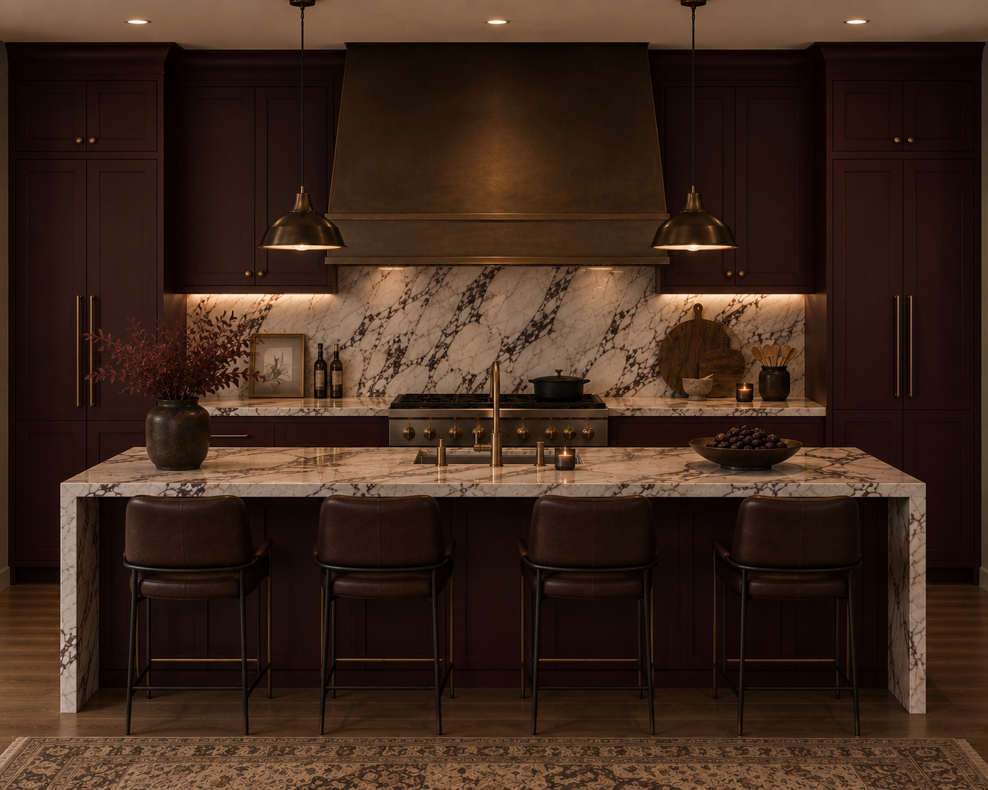 Modern kitchen with dark wood cabinets, marble backsplash, and center island with a marble countertop. Four brown chairs line the island, and decorative items, including a vase with red branches, bottles, a framed picture, bowls, and a cutting board,