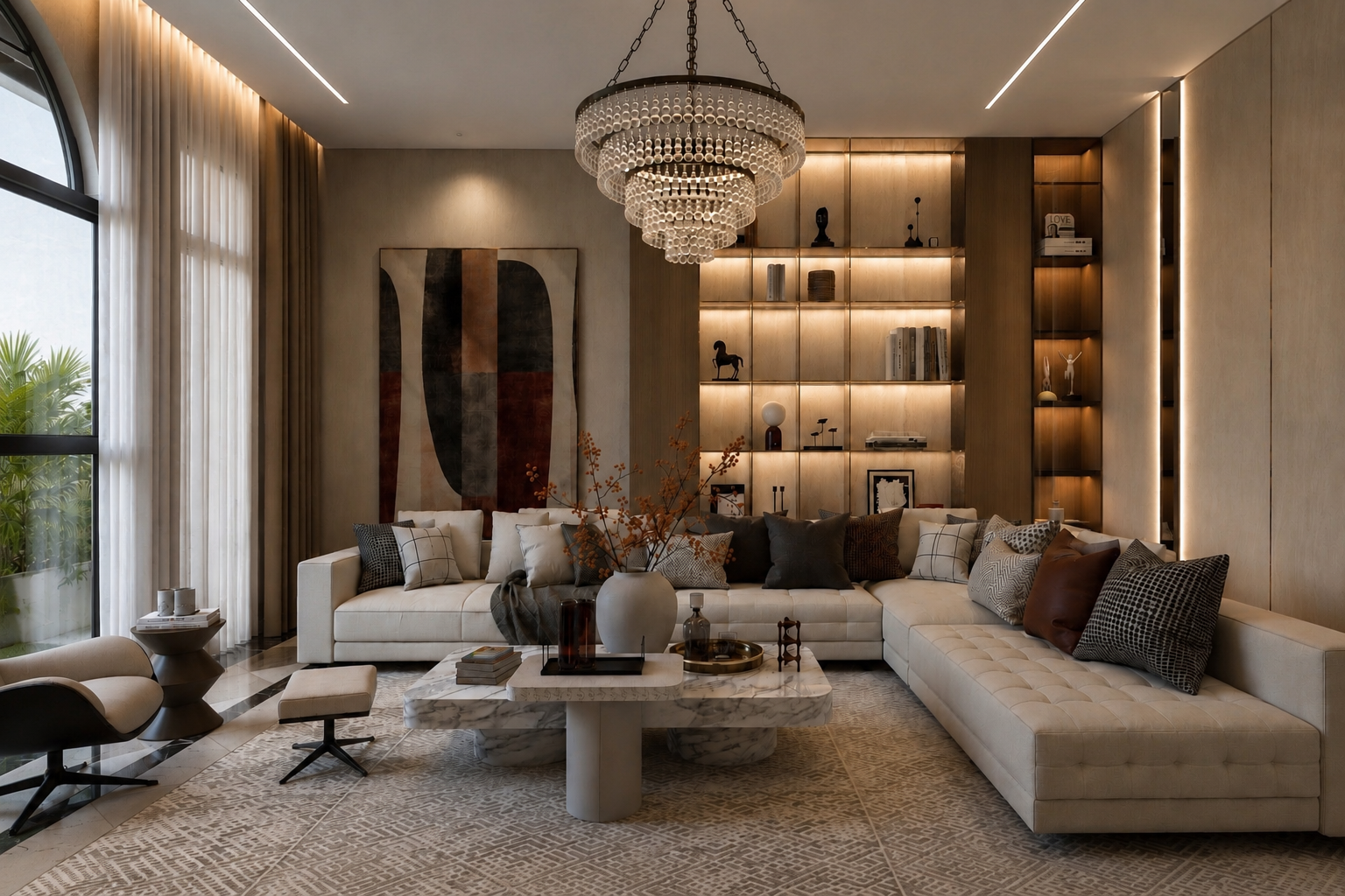 Modern living room with a white sectional sofa, assorted throw pillows, a marble coffee table with decorative items, a large abstract painting on the wall, built-in wooden shelves with lighting, and a chandelier hanging from the ceiling.