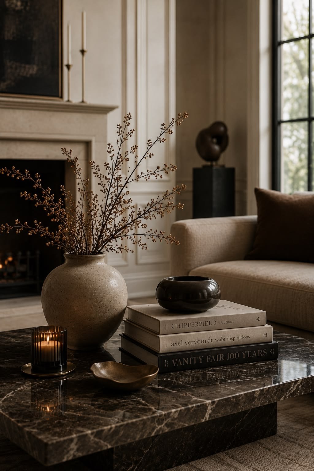 Living room with a marble coffee table holding a beige vase with dried branches, a black bowl, a candle in a black holder, and three hardcover books, with a beige sofa and window in the background.