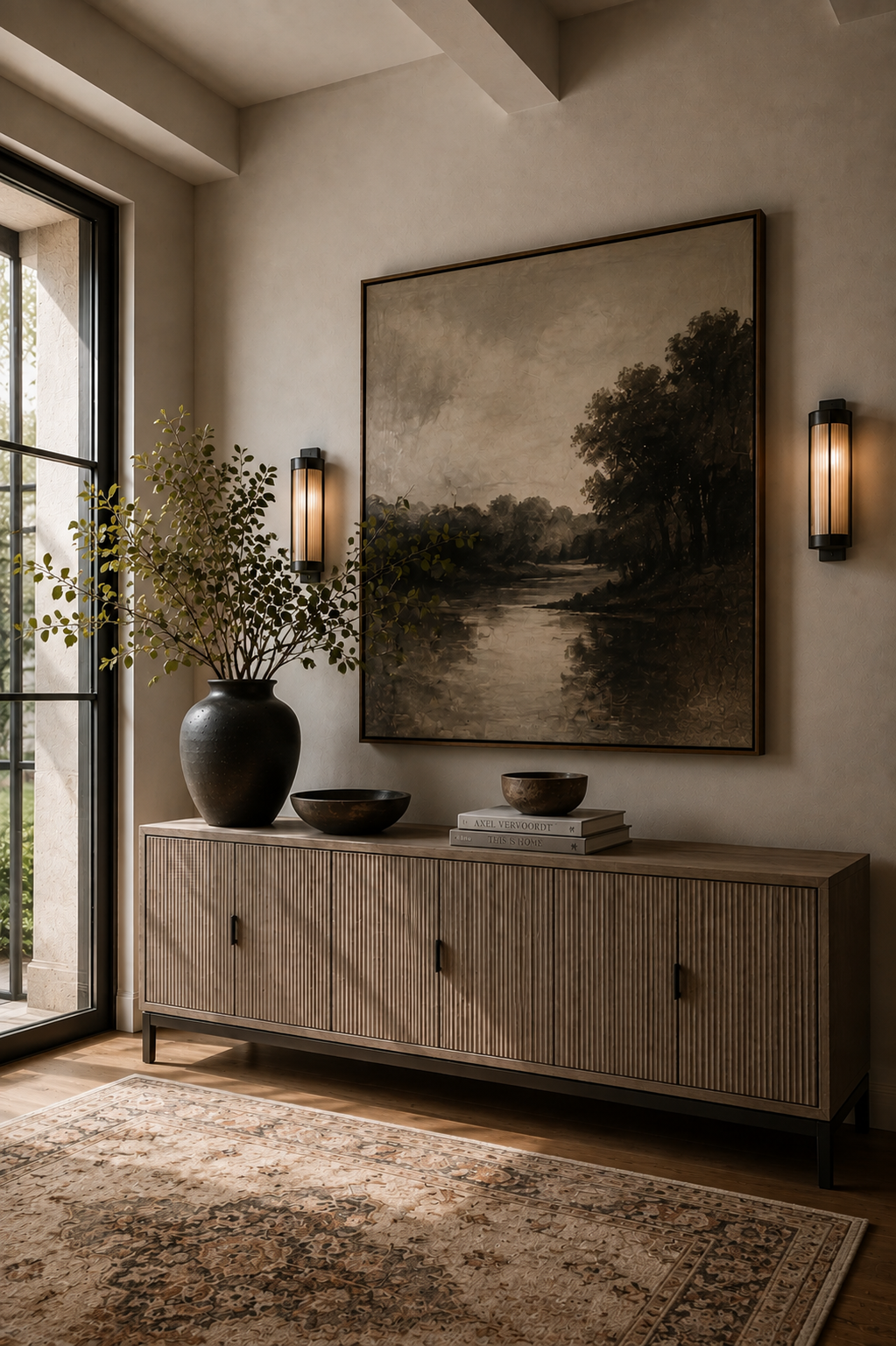 A modern interior hallway with a wooden sideboard, large framed landscape painting, black vase with green foliage, two shallow bowls, and a couple of stacked books on the sideboard. Wall-mounted sconces and a large window provide ambient lighting.