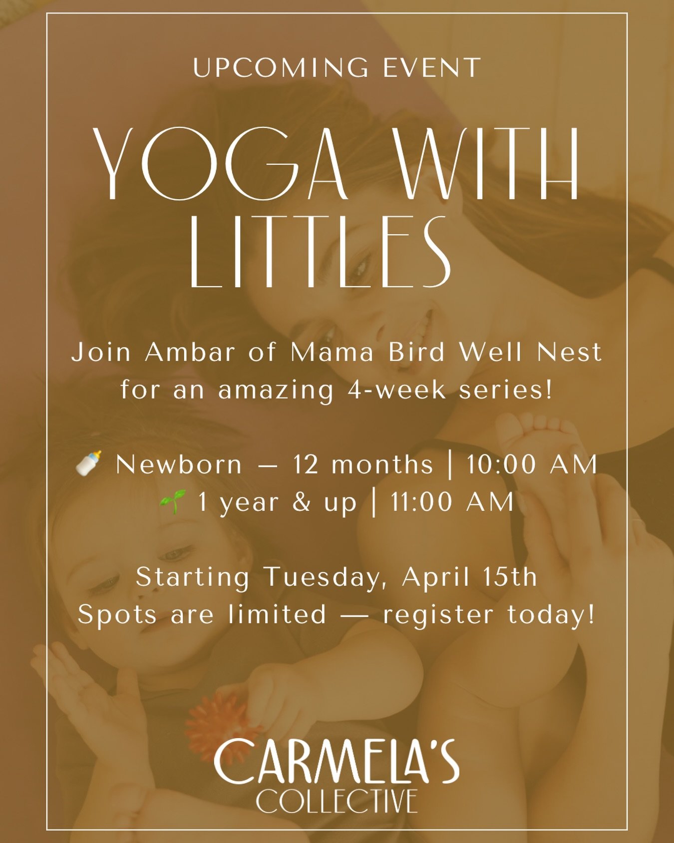 🪺 Something special is nesting at Carmela&rsquo;s Collective!

We&rsquo;re so excited to welcome @mamabirdwellnest for a 4-week @yogawithlittles series! 

🍼 Newborn &ndash; 12 months | Tuesdays at 10 AM
🌱 1 year &amp; up | Tuesdays at 11 AM

Start
