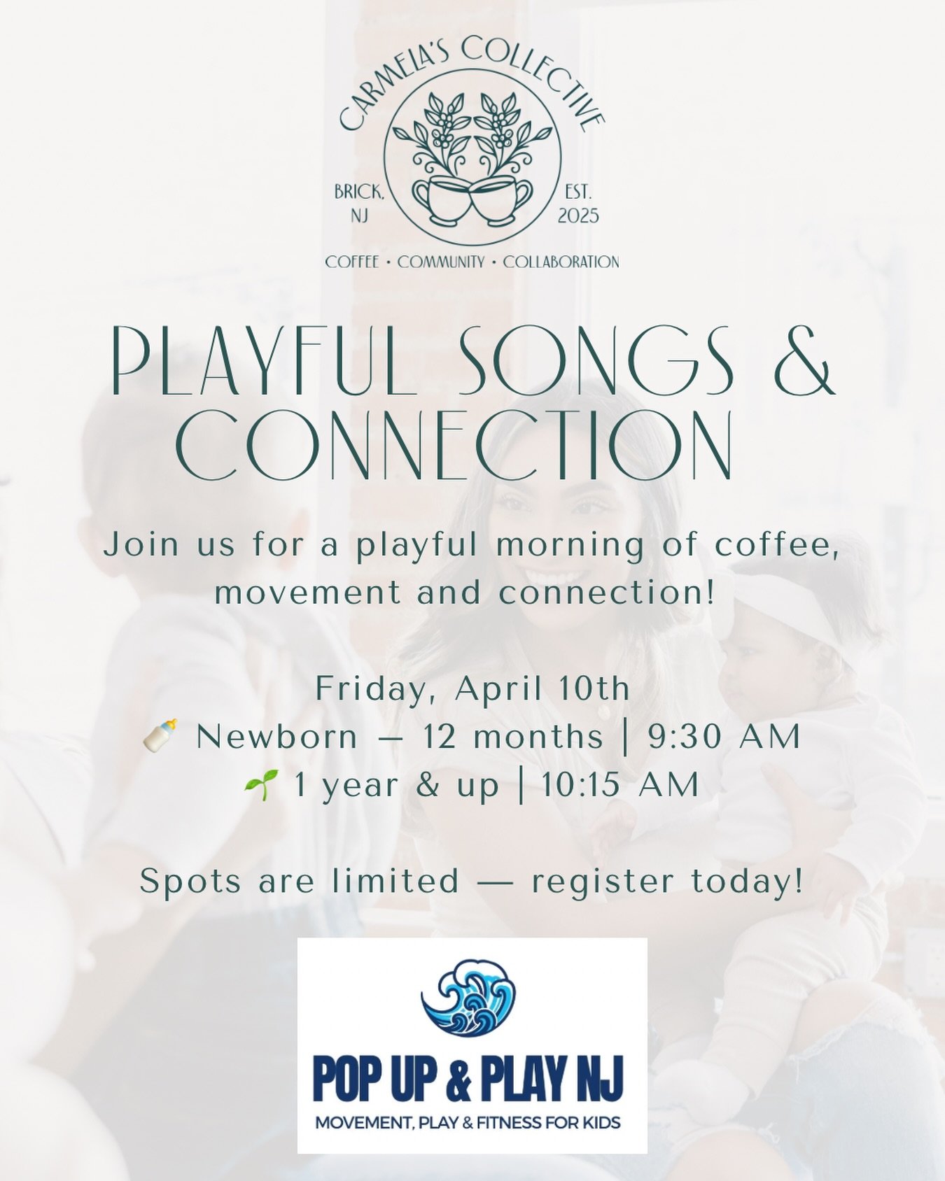 Coffee, movement &amp; connection - what more could you ask for on a Friday morning? Plus we heard some kiddos are on spring break! 

We&rsquo;re teaming up with @popupandplaynj for a playful caregiver &amp; me pop-up class right here at Carmela&rsqu