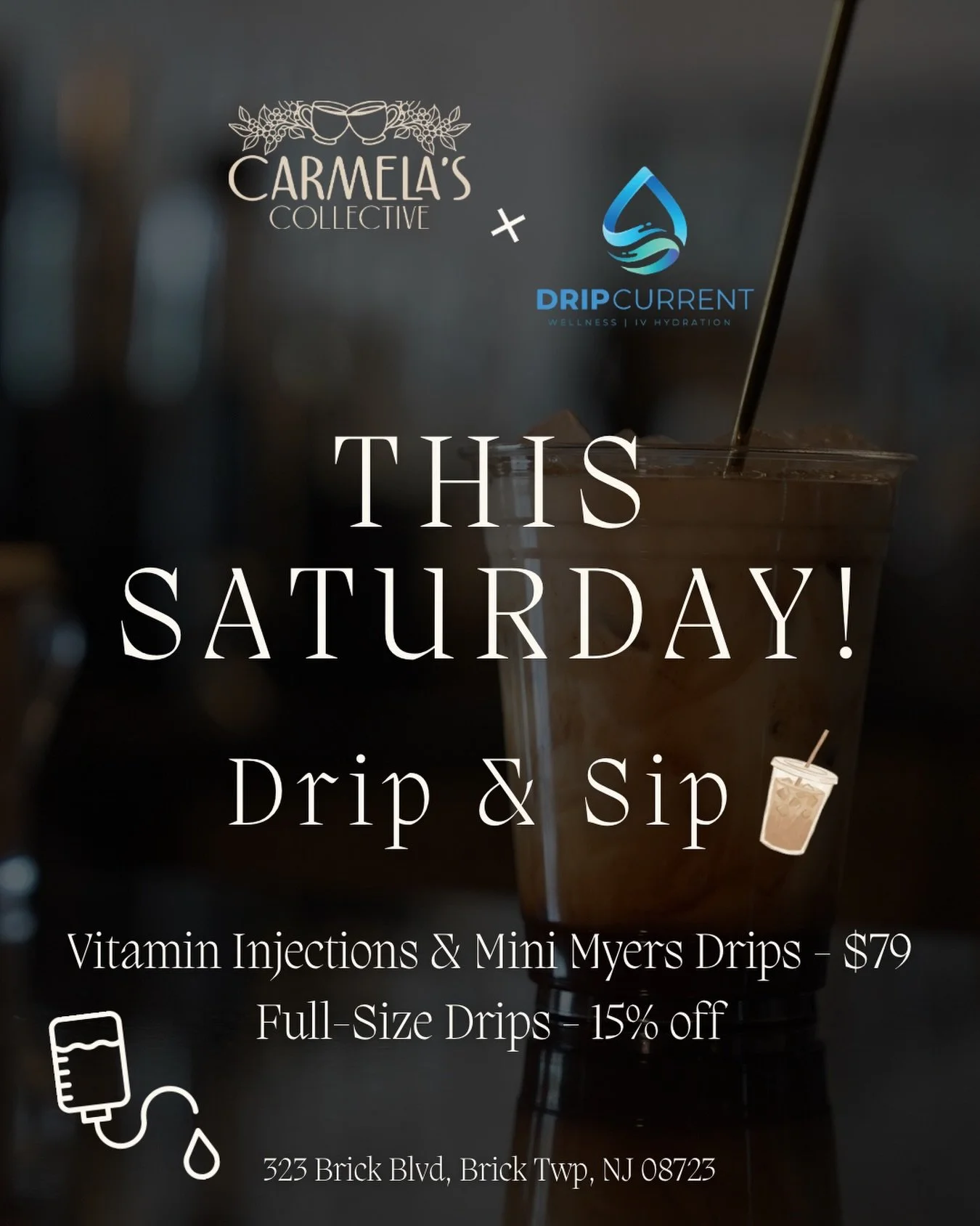 Your Saturday coffee run just got a little more refreshing. ☕️💧

This Saturday, we&rsquo;re welcoming @dripcurrenthydration for a cozy wellness pop-up.❤️

✨ Vitamin injections &amp; Mini Myers Drips &mdash; $79
✨ Full-size drips 15% OFF

Come sip, r